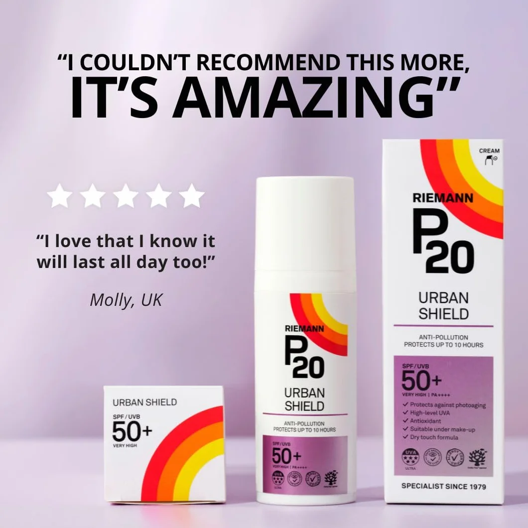 Urban Shield P20 Filtr przeciwsłoneczny SPF 50+, ochrona UVA/UVB, antyoksydant witamina C+E, wodoodporny