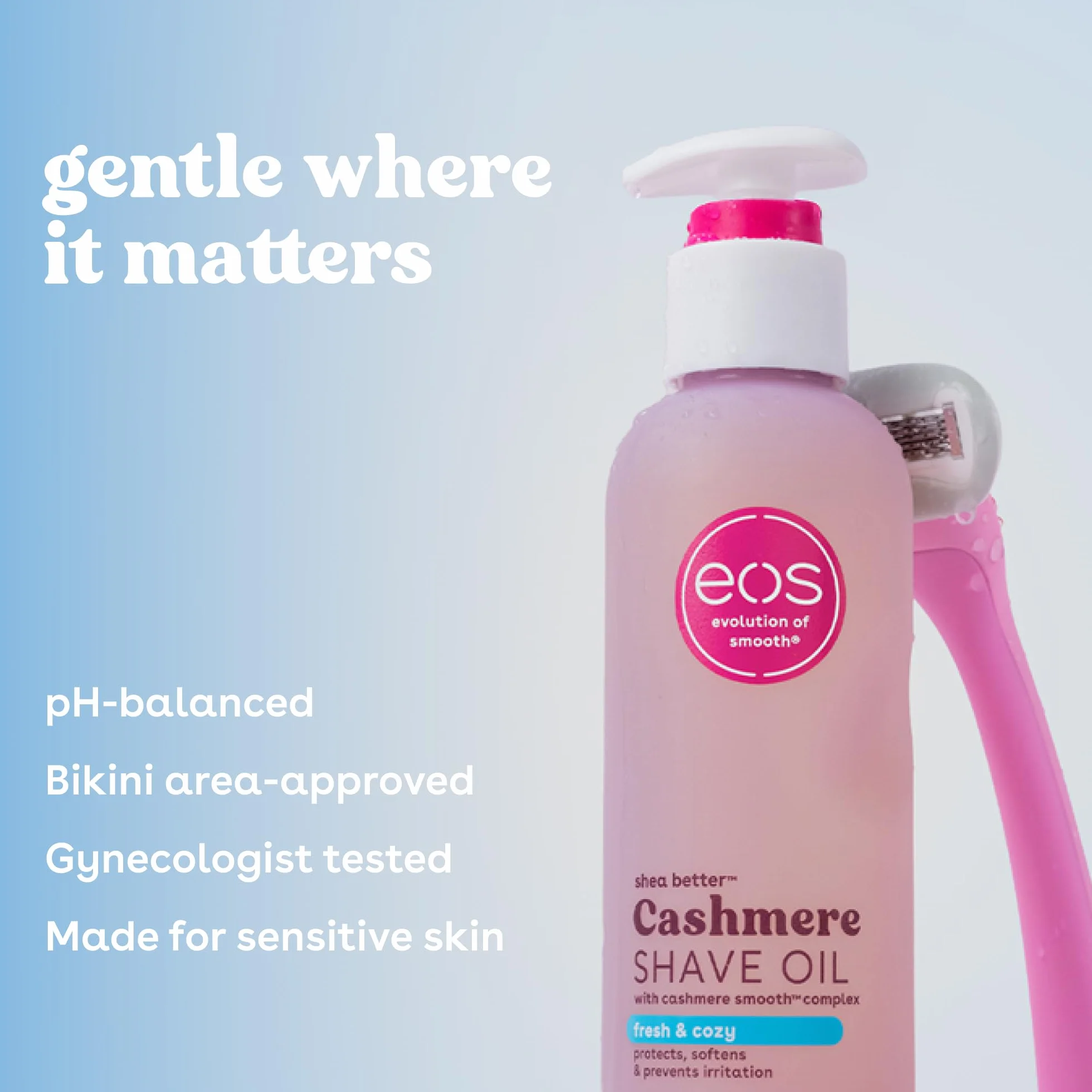 eos Olejek kaszmirowy do golenia – Fresh & Cozy nawilżający olejek do golenia · z masłem shea i gliceryną · do skóry wrażliwej · 177 ml