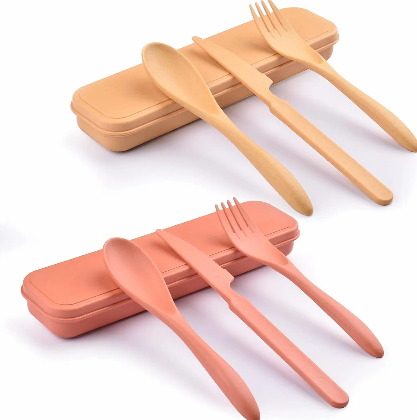 2 zestawy wielokrotnego użytku sztućców z etui, podróżny zestaw widelca, noża i łyżki, przenośny plastikowy zestaw sztućców na piknik, do szkoły, biura, na lunch (pomarańczowy, żółty)