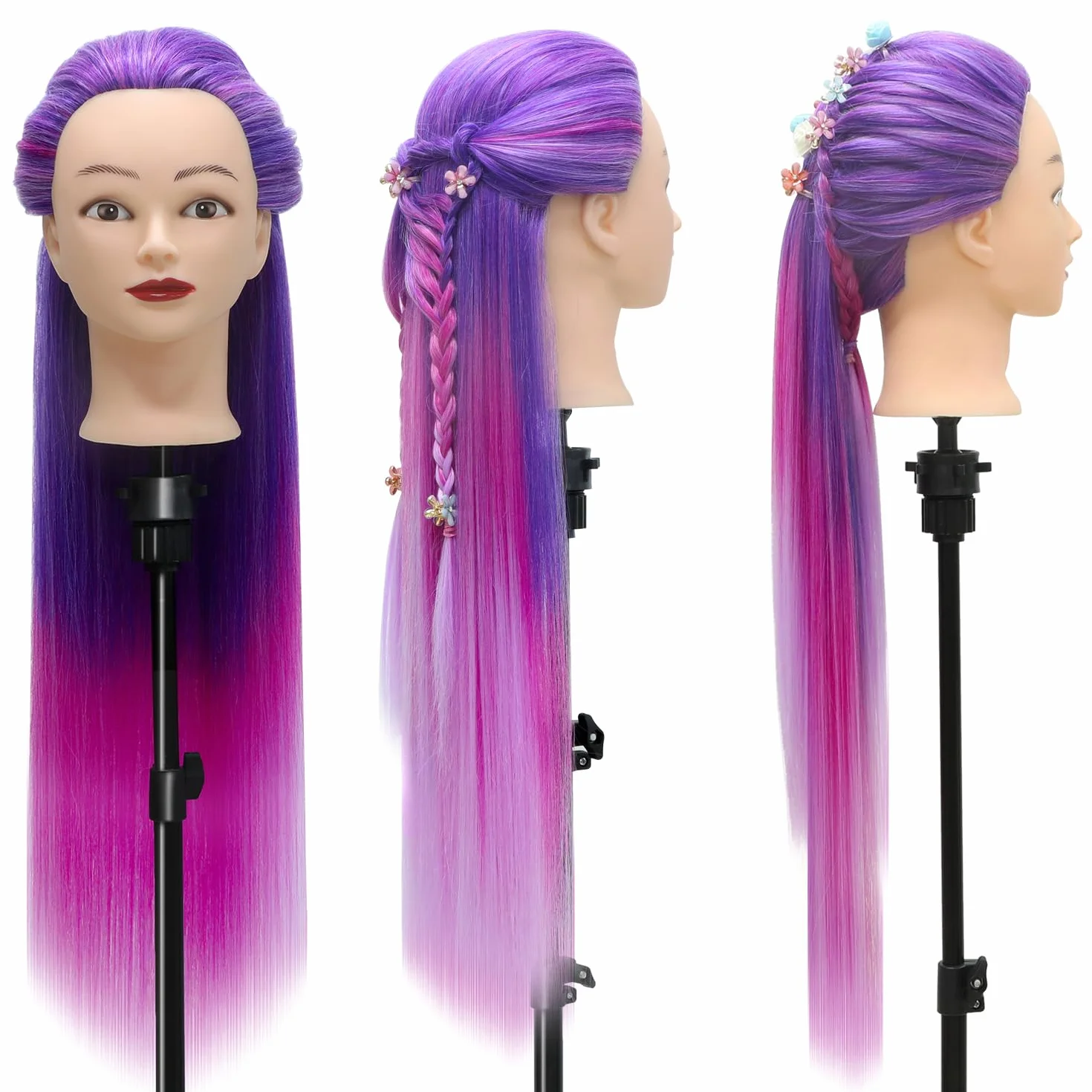 Głowa do stylizacji 71 cm, syntetyczne włosy, do treningu fryzjerskiego z zaciskiem i zestawem do warkoczenia DIY (fioletowo-czerwono-różowa)