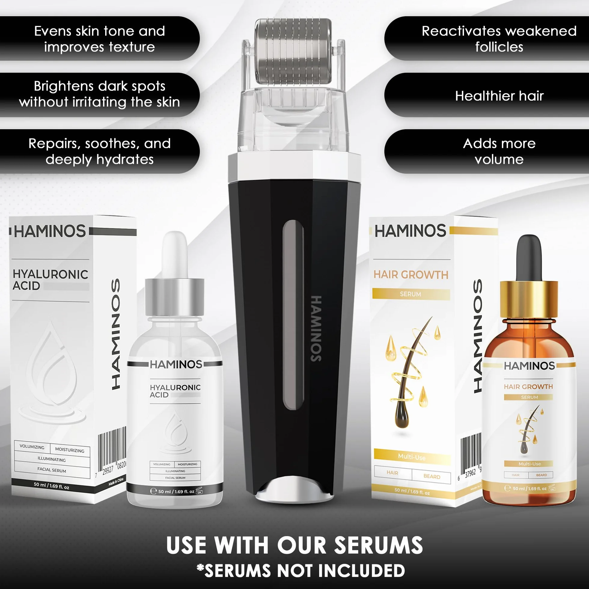 HAMINOS Derma roller 0,5 mm 3.0 z Pojemnikiem do Włosy, Broda, Skóra, Zmarszczki, Rozstępy, Hiperpigmentacja NATYCHMIASTOWA APLIKACJA SERUM, 520 igieł tytanowych