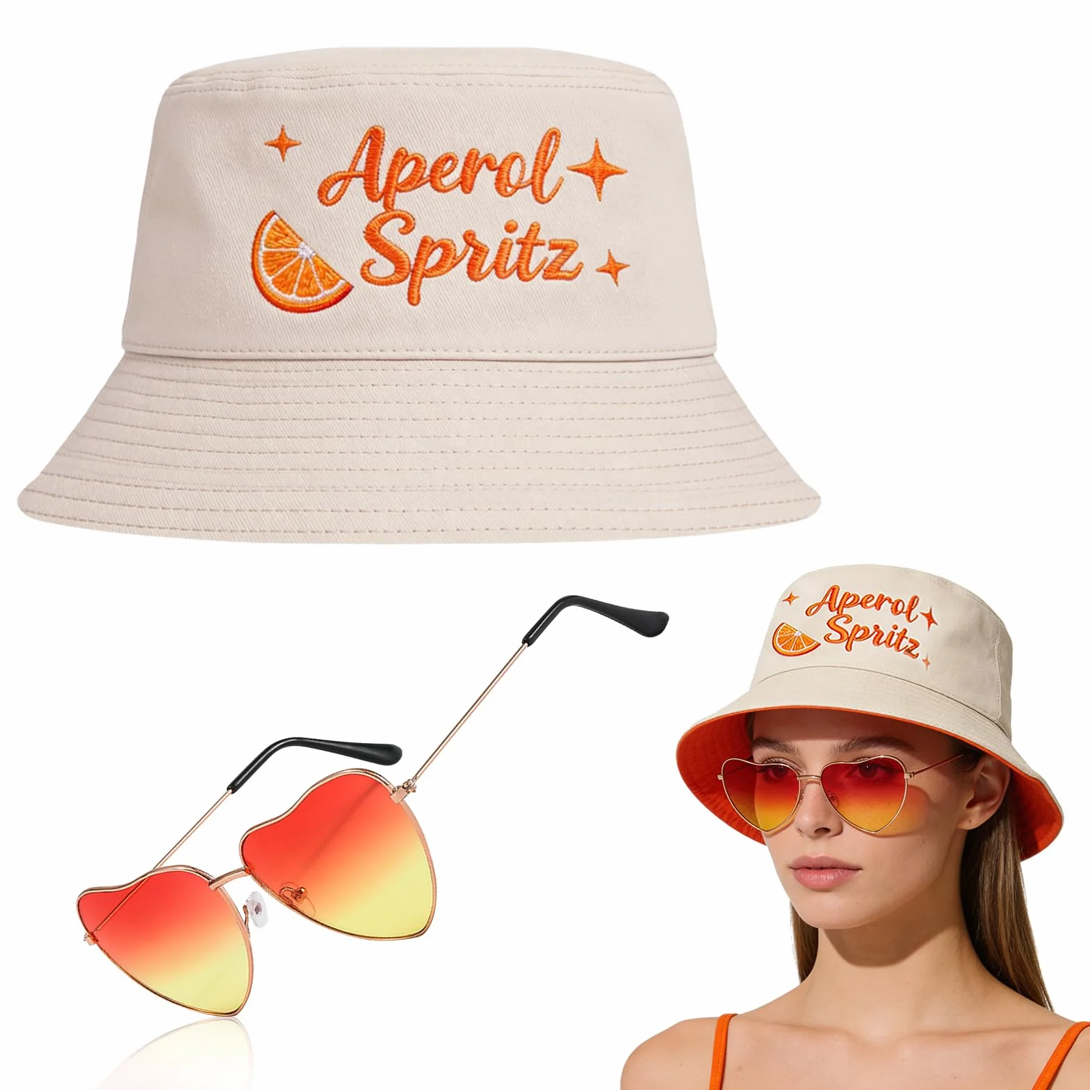 Aperol kapelusz rybacki, kapelusz wędkarski, Aperol Spritz, prezent, retro, pomarańczowe okulary w kształcie serca, na karnawał, do kostiumu, na imprezę, akcesoria na lato, outdoor, kapelusz