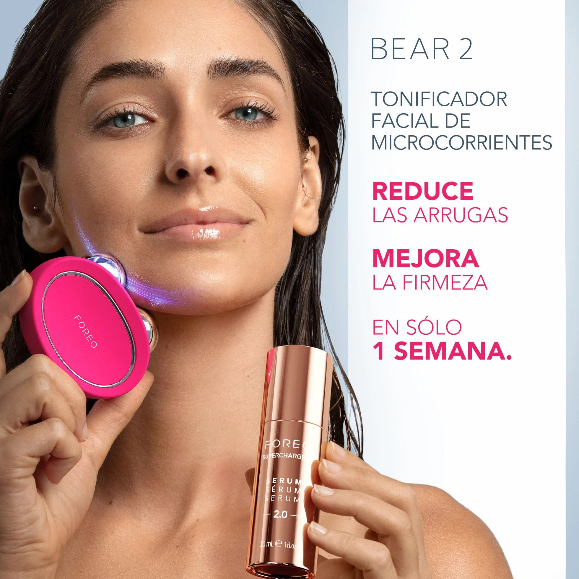 FOREO BEAR 2 Ujędrniający masażer twarzy z SÉRUM SUPERCHARGED 2.0 30 ml i HA+PGA SUPERCHARGED 50 ml - Mikroprądy do twarzy