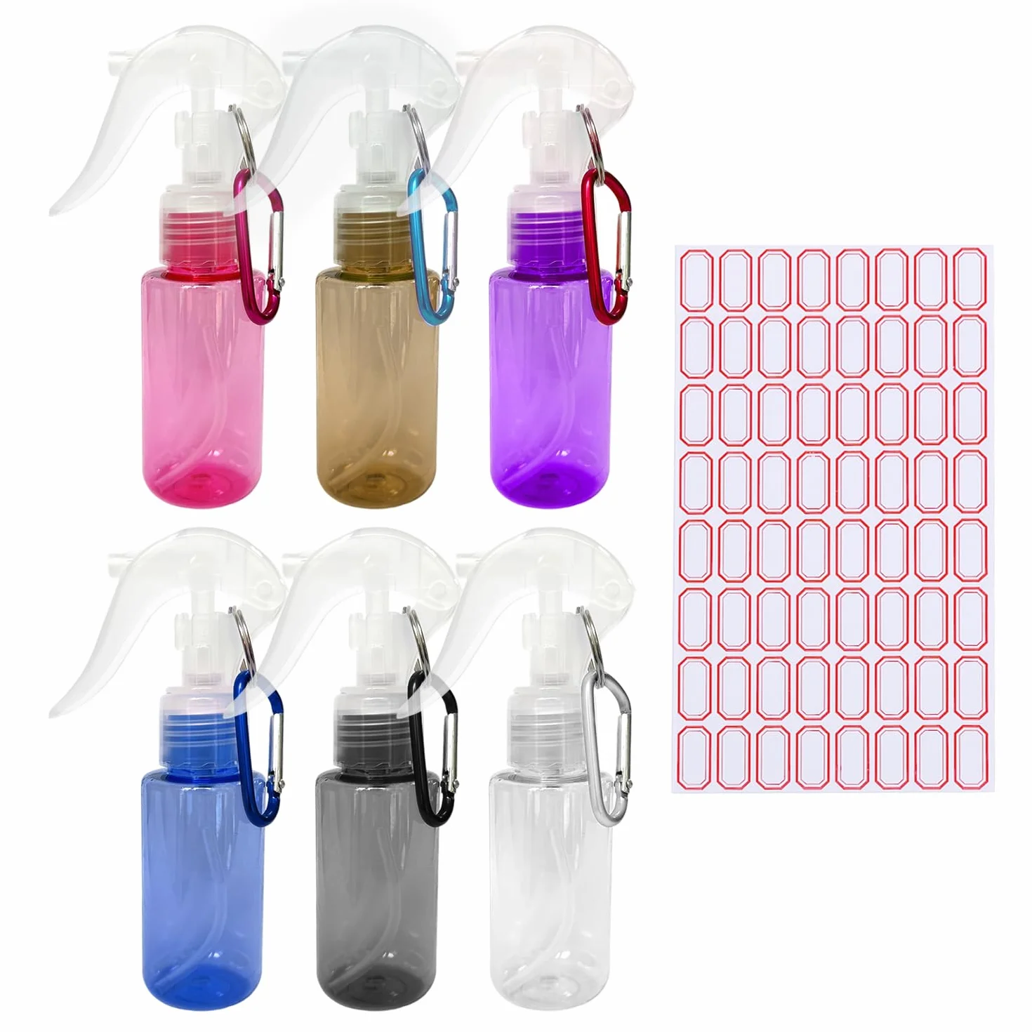 6 sztuk butelek z rozpylaczem 60 ml z 6 karabińczykami, 64 naklejkami, mini rozpylacz, przezroczysta butelka z rozpylaczem, przenośna butelka podróżna, pojemnik wielofunkcyjny do