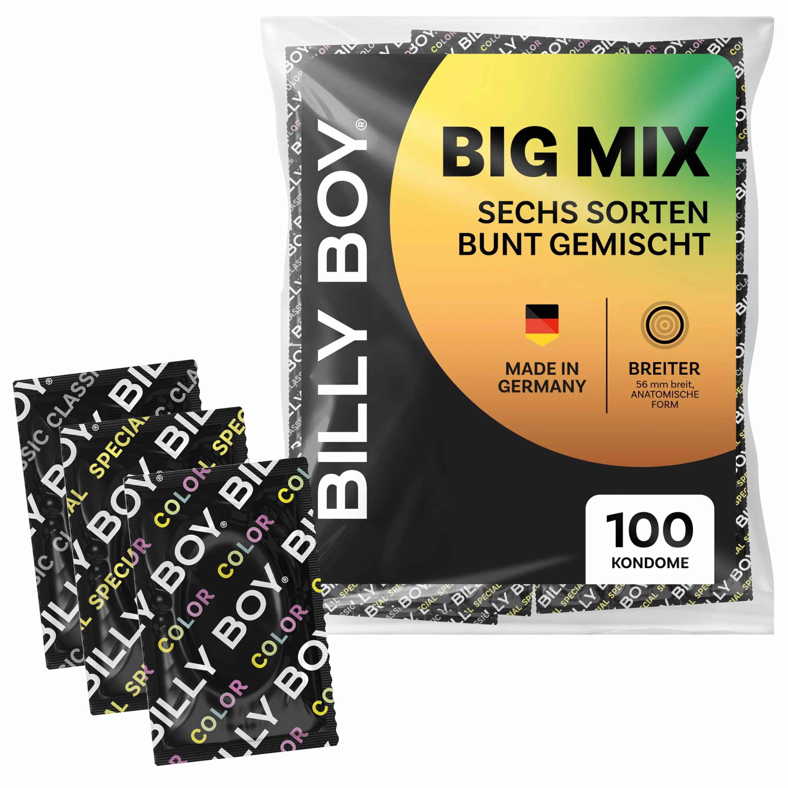 BILLY BOY Prezerwatywy | w zestawie BIG MIX 100 prezerwatyw w rozmiarze XL (56 mm) | różne rodzaje w jednym zestawie | (1 × 100 sztuk)