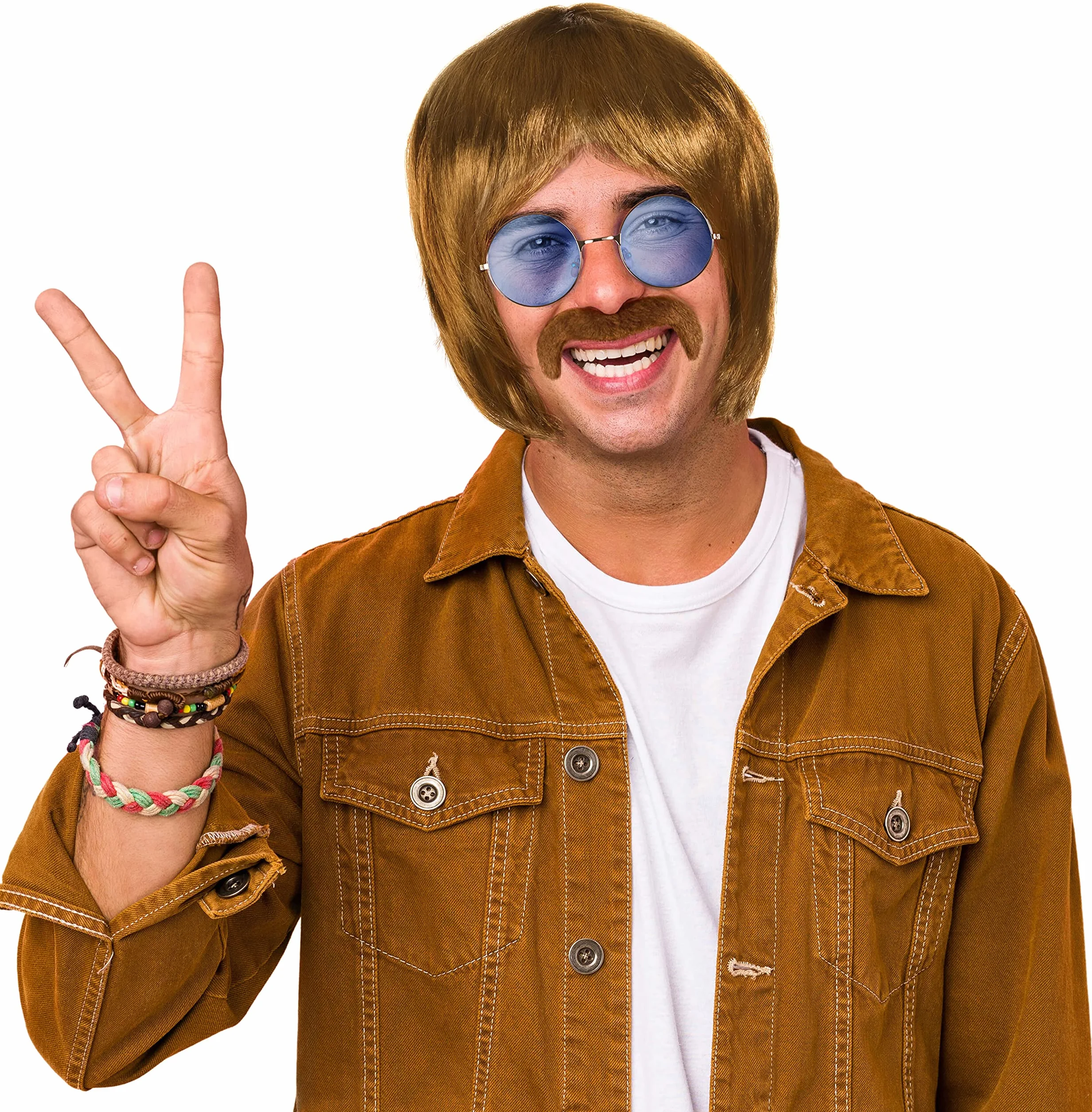 Zestaw hippie z peruk + okrge okulary przeciwsoneczne z niebieskimi soczewkami + wsy w stylu lat 60. i 70. dla mczyzn i kobiet Karnawa lub na festiwalach