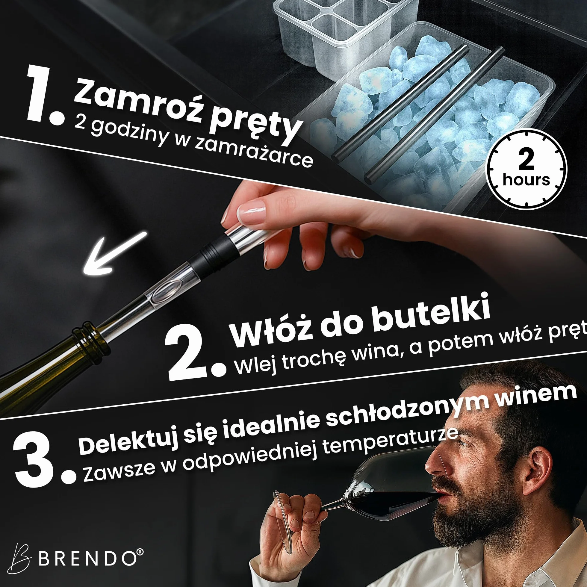 Brendo Chłodziarka do wina 4w1 – Pręt chłodzący ze stali nierdzewnej | Chłodzenie butelek z 2 długościami prętów + nalewak do wina + dekanter + korek | Zestaw prezentowy do wina dla mężczyzn i kobiet