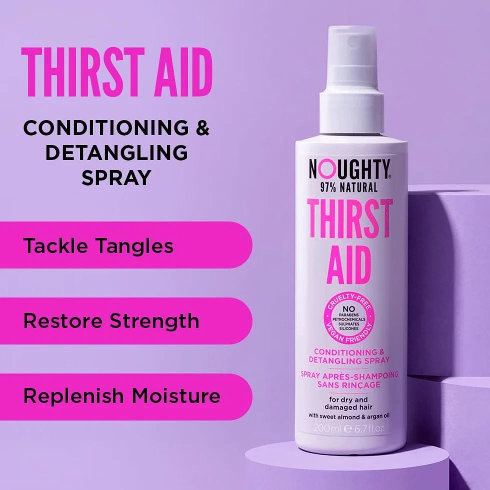 Noughty 97% Natural Thirst Aid Conditioning and Detangling Spray, Leave In Hair Detangler Treatment for Dry and Damaged Hair, with Sweet Almond and Argan Oil, Sulphate Free Vegan Haircare 200ml