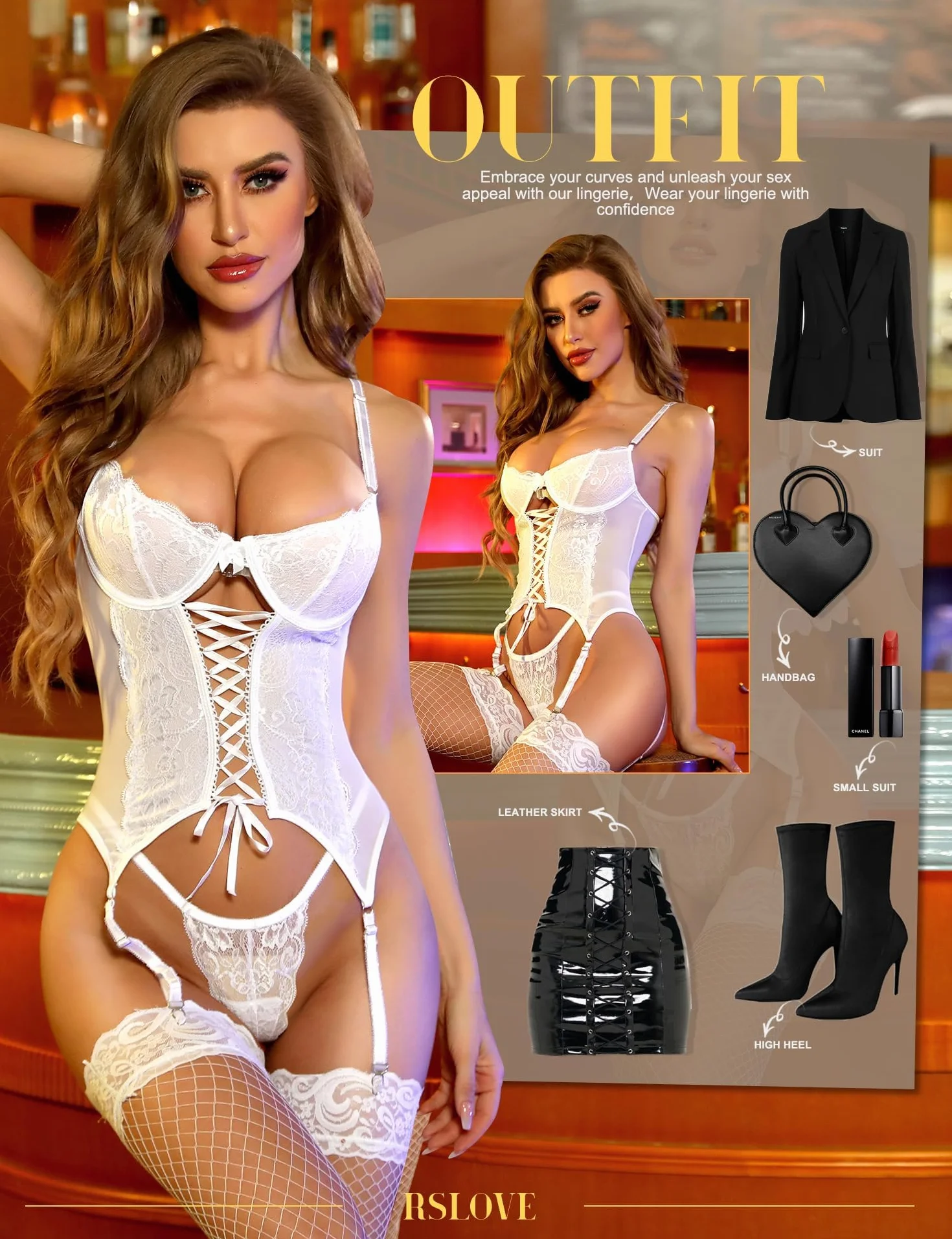 RSLOVE Seksowna bielizna damska Koronkowe body Teddy z paskiem do pończoch