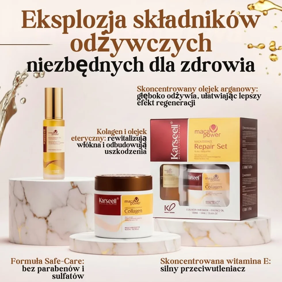 Karseell MACA CARE SYSTEM Maska Kolagenowa Serum Olejek Arganowy Włosy Suche Zniszczone Farbowane Puszące Nawilżenie Blask Regeneracja Wzmocnienie Do Wszystkich Rodzajów Włosów 500ml+50ml