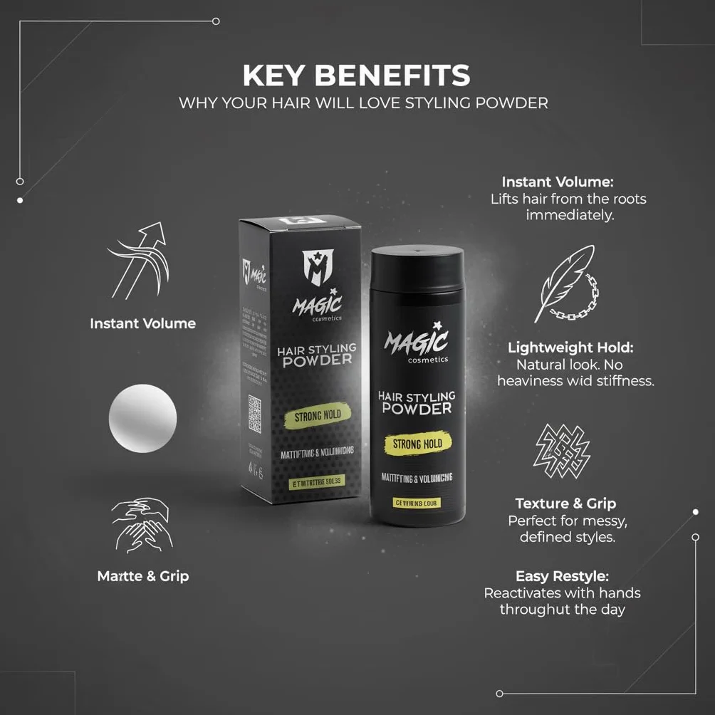 Magic Cosmetics Puder do włosów dla mężczyzn, stylizacja włosów unisex, matowy wygląd, antygrawitacyjna stylizacja proszku, niewidoczna tekstura, natychmiastowe zwiększenie objętości i korzeni