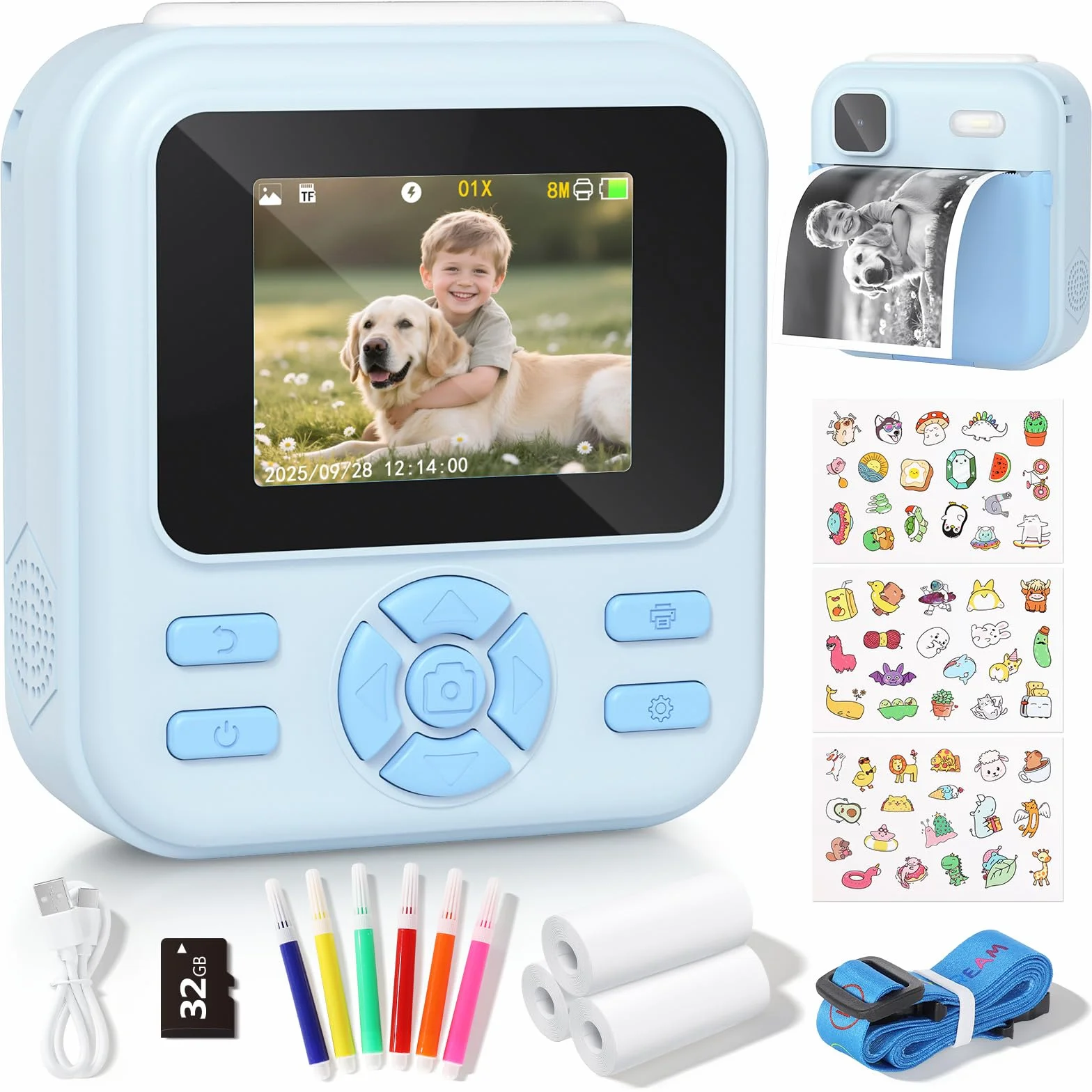 YOHOOLYO Aparat natychmiastowy dla dzieci, 2,4-calowy aparat natychmiastowy dla dzieci z kartą 32 GB i 3 rolkami papieru, cyfrowe zabawki wideo HD 1080P-niebieski
