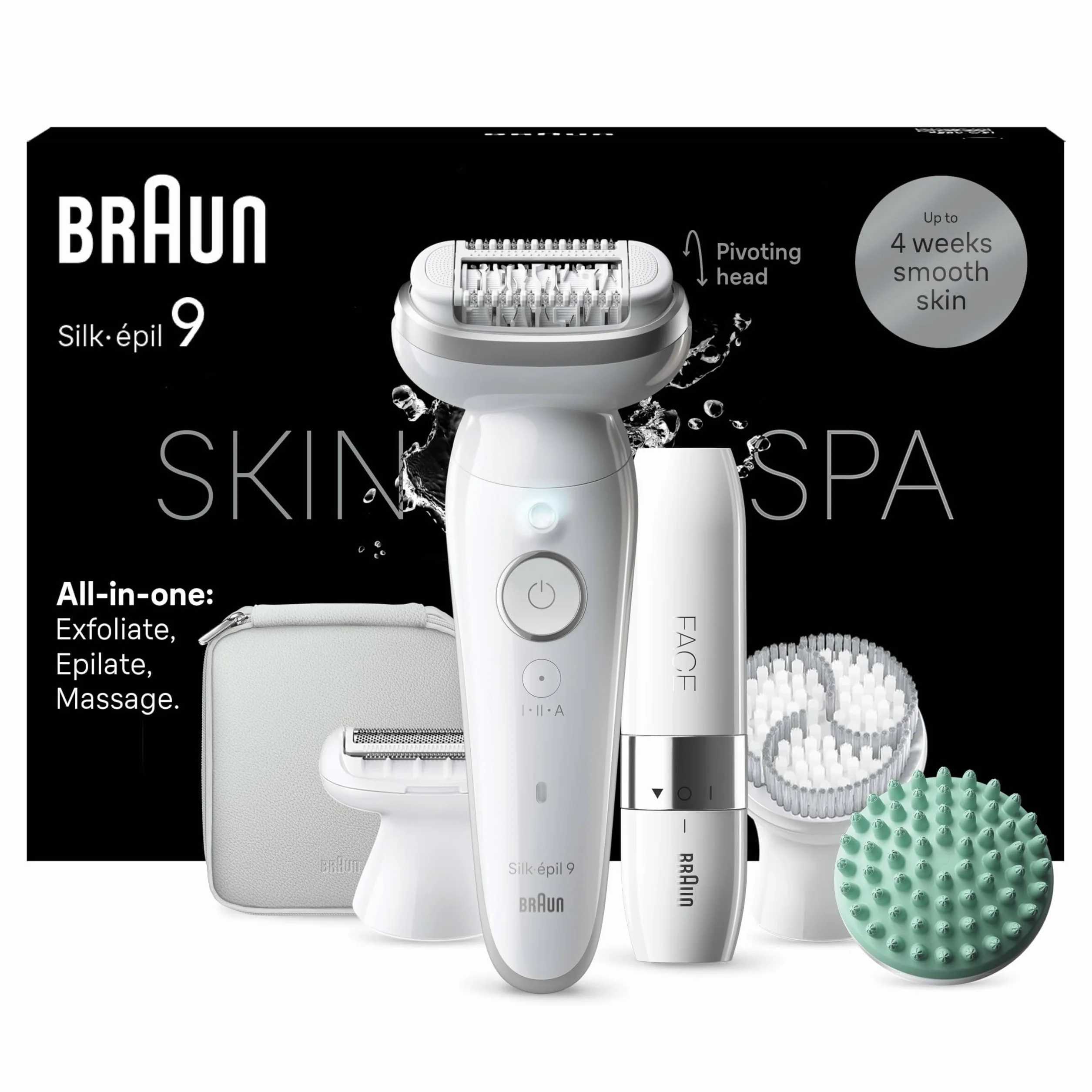 Braun Silk-épil 9 SkinSpa All-in-One Set, depilator damski/depilator do długotrwałego usuwania włosów, Facespa 9-381, biały/srebrny