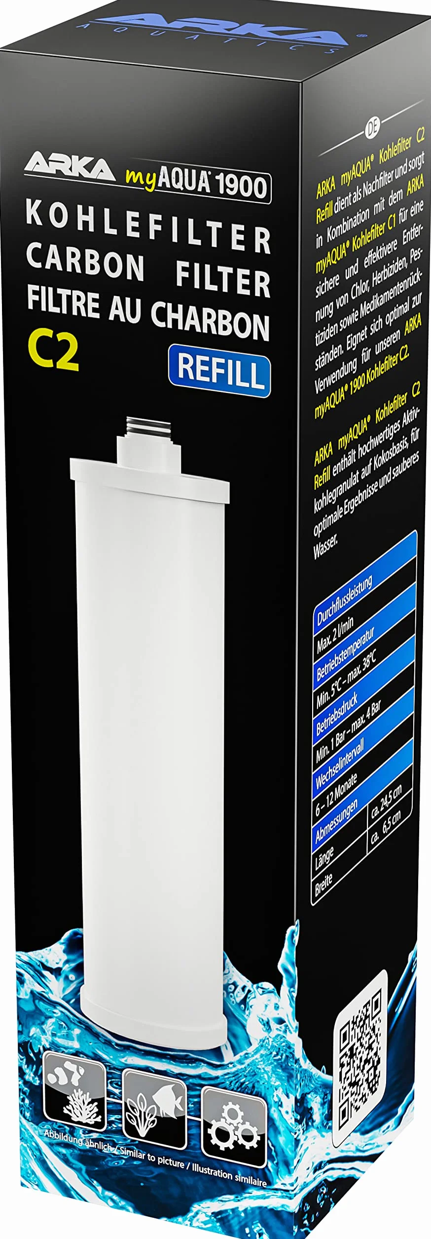 ARKA myAQUA® 1900 filtr węglowy C2 - do filtrowania cząstek brudu i zanieczyszczeń, takich jak rdza i piasek, chlor, herbicydy, pestycydy i pozostałości leków z wody,