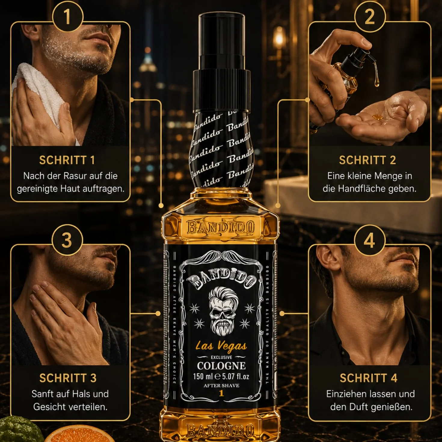 Bandido Eau de Cologne męska woda zapachowa po goleniu woda do golenia dla mężczyzn, odświeża, chłodzi, długotrwały zapach, zapobiega oparzeniom po goleniu i pielęgnacji po goleniu (Las Vegas 150 ml)