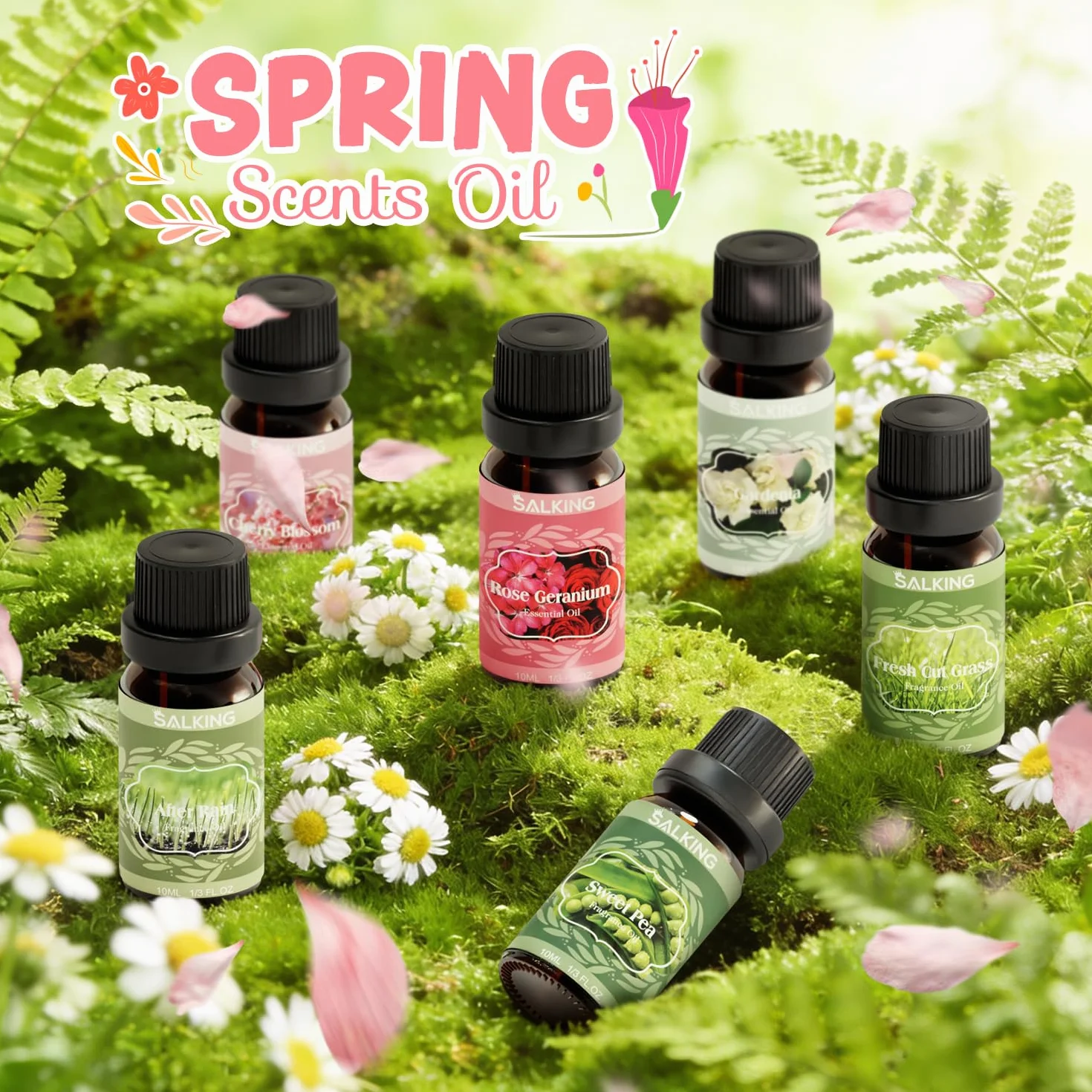 SALKING Zestaw olejków eterycznych wiosennych, 6 x 10 ml, 100% aromaterapii, nawilżacza powietrza, masażu, po deszczu, świeżo skoszonej trawy, szalergu, geranium