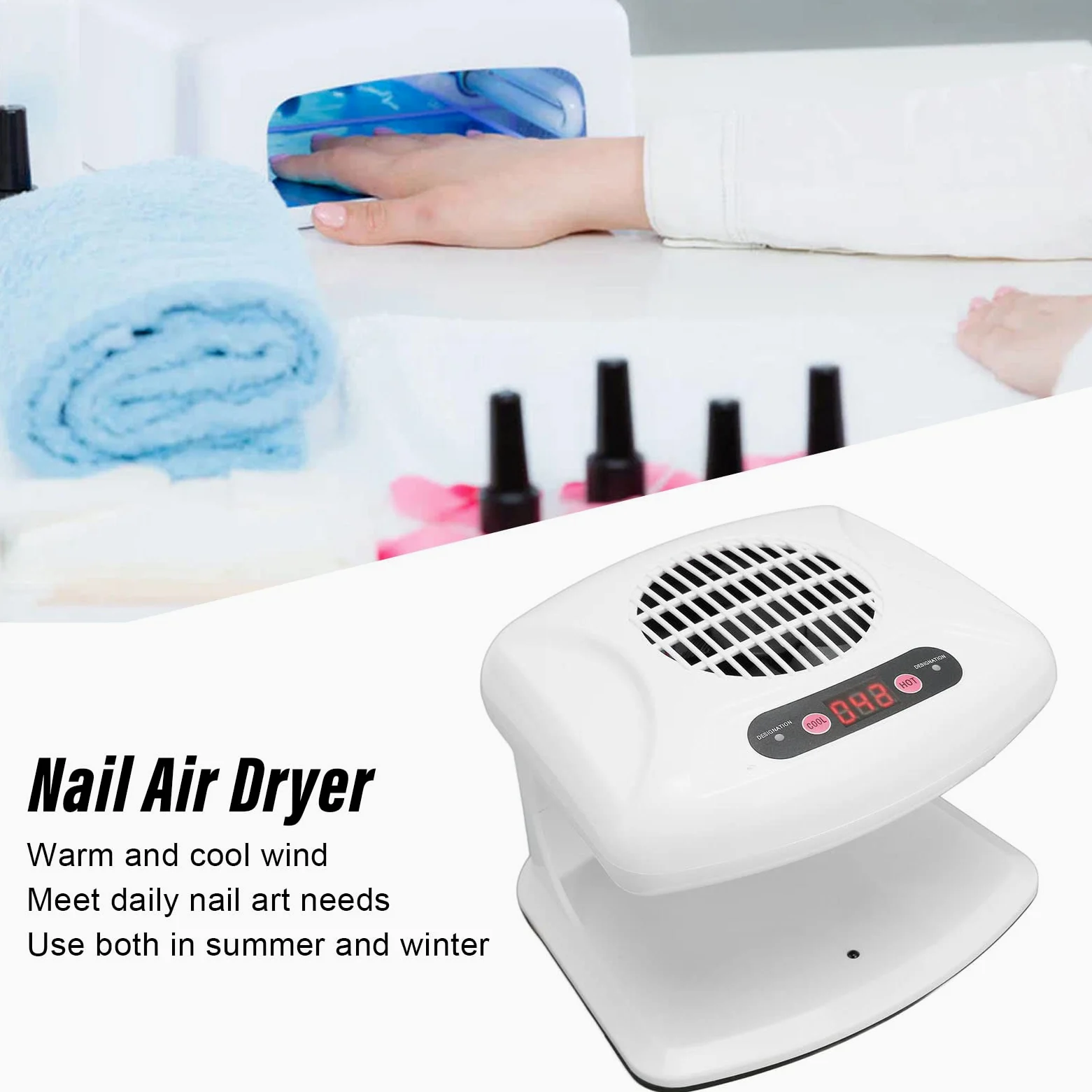 Suszarka do Paznokci na Powietrze do Obu Rąk i Stóp 300w Air Nail Fan Suszarka Nadmuchowa do Zwykłego Lakieru do Paznokci z Gorącym i Chłodnym, Automatycznym Użyciem