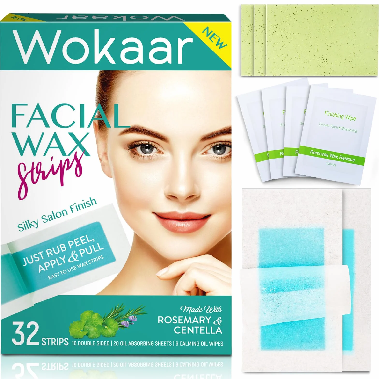 Paski woskowe do twarzy 2 w 1 dla kobiet i mężczyzn, usuwanie włosów bikini do podróży i domu, zestaw do woskowania z 32 paskami wosku do twarzy + 6 uspokajających wycieraczek olejowych + 20 arkuszy