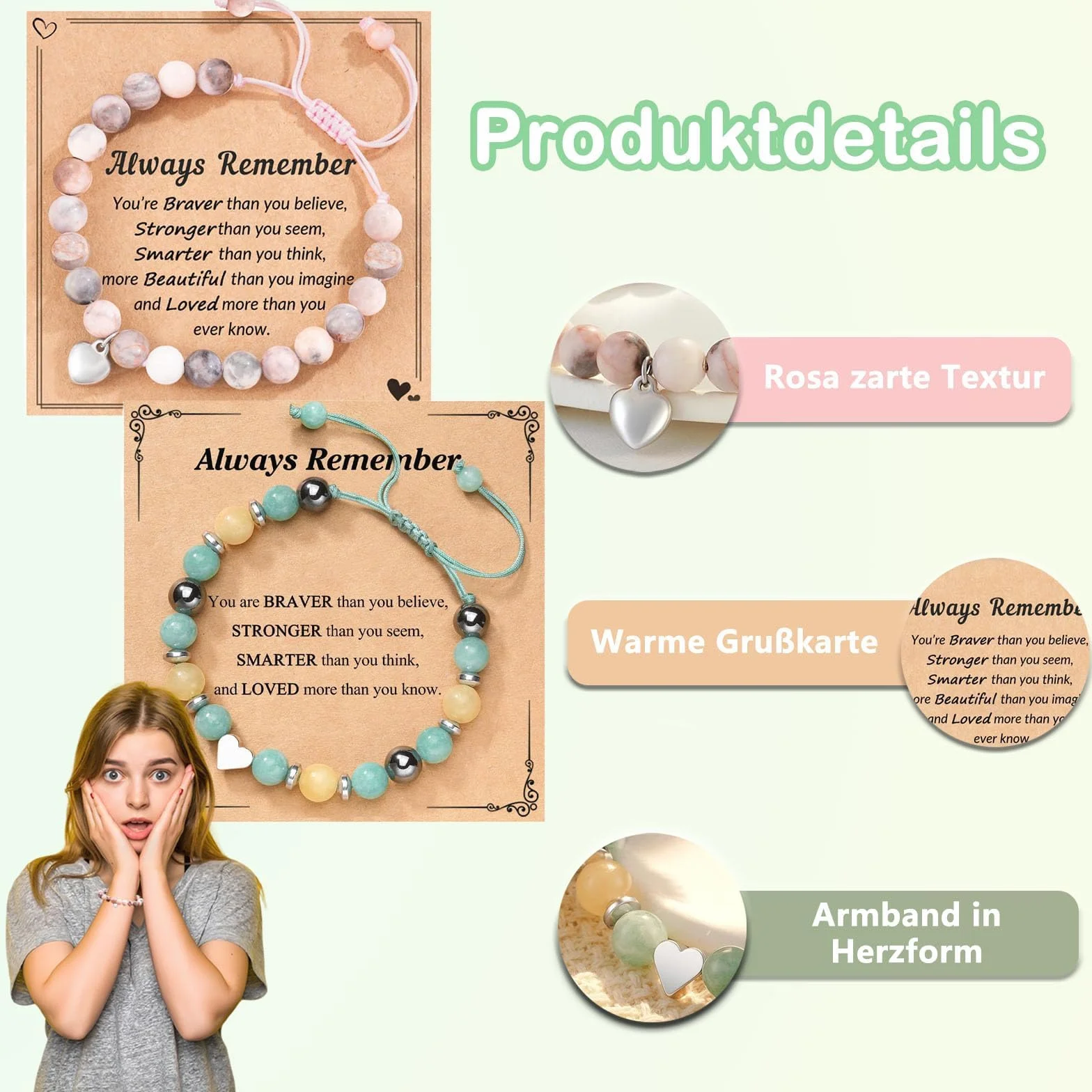 2 bransoletki z kamienia naturalnego i kartka z życzeniami, zawieszki w kształcie serca, bransoletki przyjaźni, nastolatki, dziewczyny, prezenty dla nastolatków, dziewcząt, biżuteria na