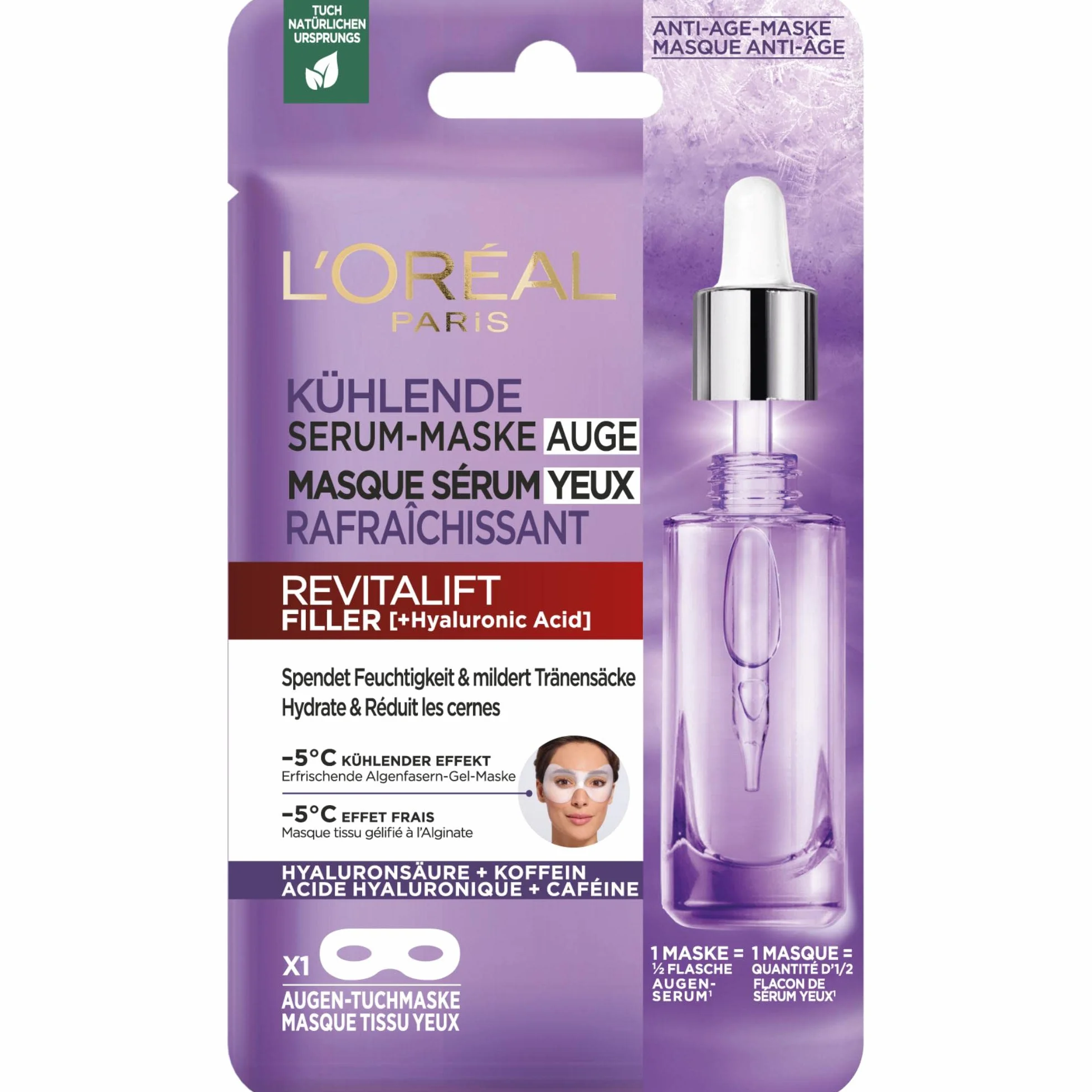 L'Oréal Paris Chłodząca maska na oczy dla promiennego obszaru oczu, z 0,5% kwasem hialuronowym i 0,5% kofeiną, maska na oczy Revitalift Filler, 1 sztuka