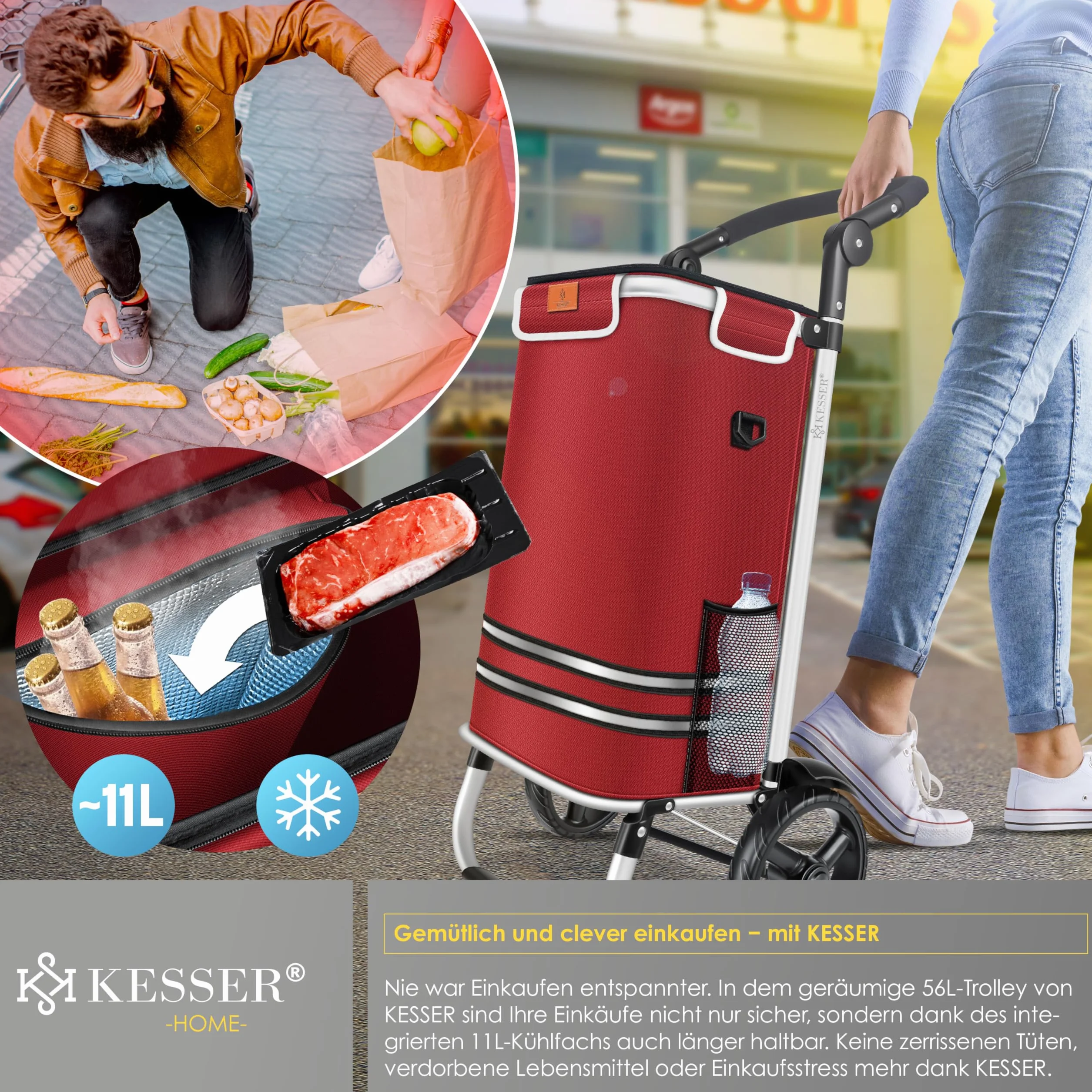 Kesser® Wózek zakupowy, składany, 56 l pojemności, obciążenie do 50 kg, wózek transportowy 3 w 1, wózek na zakupy, w zestawie komora chłodząca i żeton na zakupy, do pokonywania schodów, bordowy
