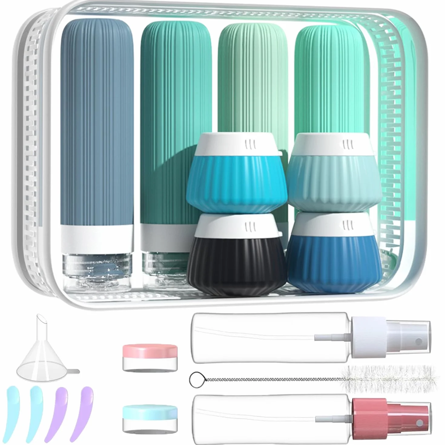 Zestaw silikonowych butelek podróżnych, do napełniania, 18 sztuk, zestaw podróżny z zatwierdzeniem TSA, Travel Essentials