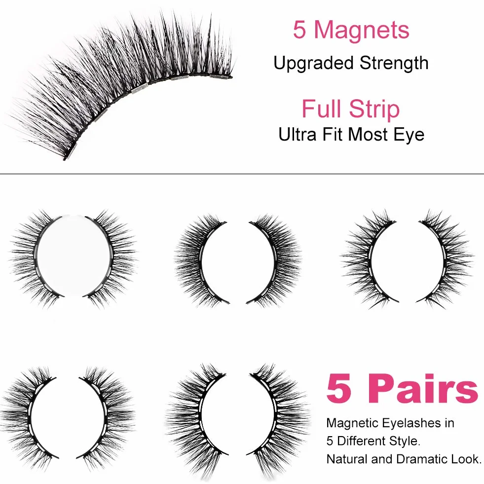 URAQT 5 par magnetycznych, grubych, długich, sztucznych rzęs 3D, z eyelinerem, naturalnie magnetyczne rzęsy, zestaw ze szczypcami, wodoodporne i wielokrotnego użytku