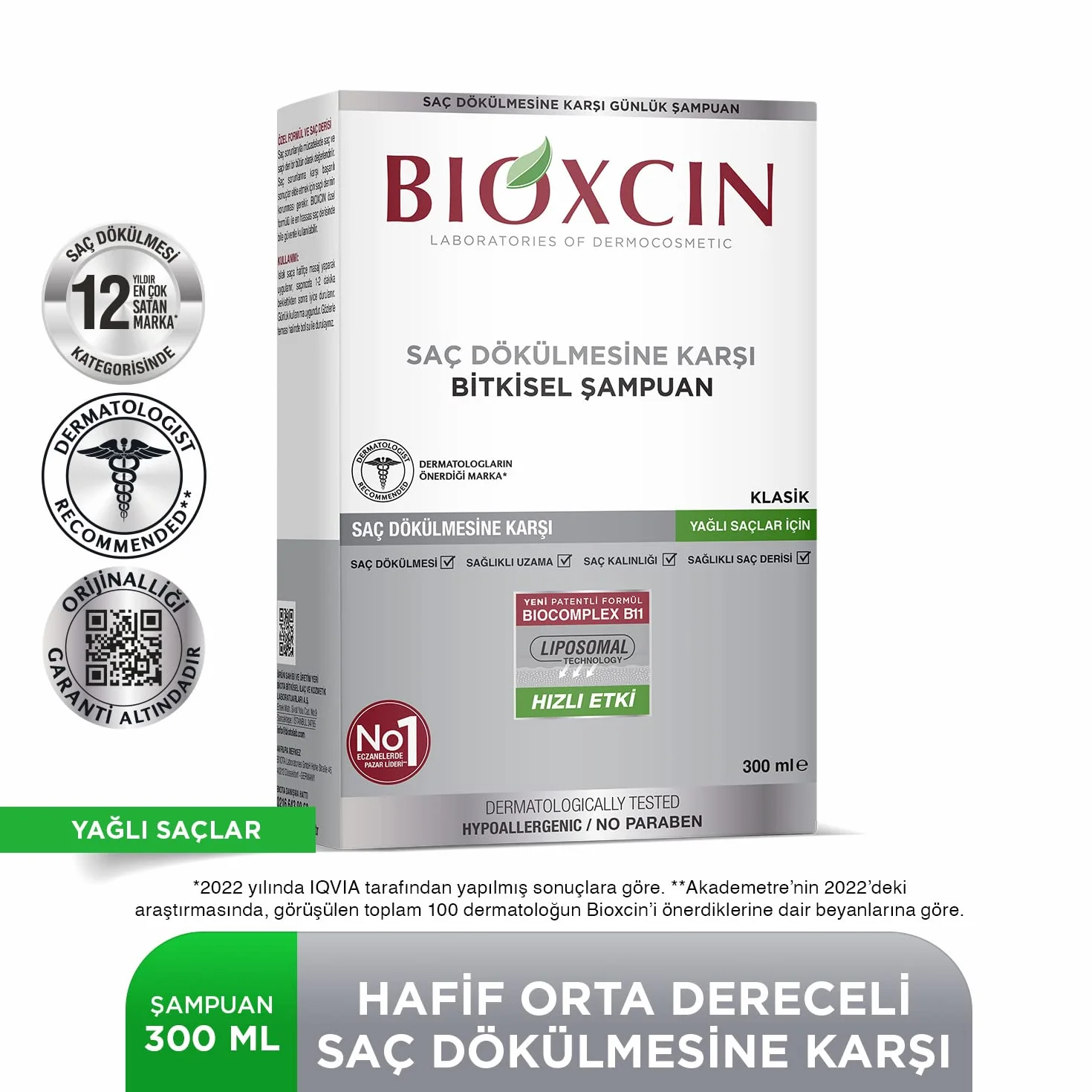 Bioxcin Szampon przeciw wypadaniu włosów przetłuszczających się (300 ml) – roślinny szampon przeciwzmarszczkowy z BIOCOMPLEX B11 i liposomami dla gęstszych włosów i mniejszego wypadania włosów