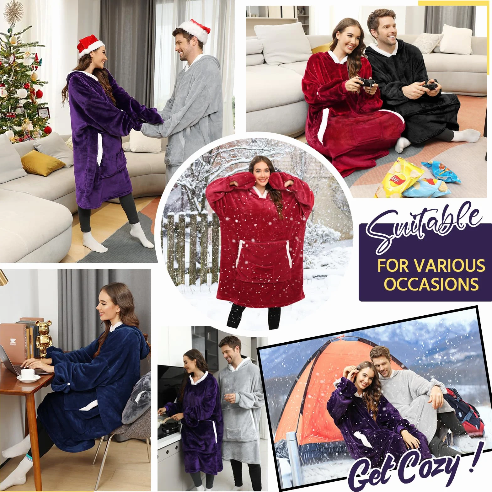 Tuopuda Bluza z kapturem, damska i męska, oversize, sweter z długim rękawem, ogromna bluza z kapturem, koc z rękawami, prezent dla kobiet i mężczyzn, oversize, z kieszeniami na zimę