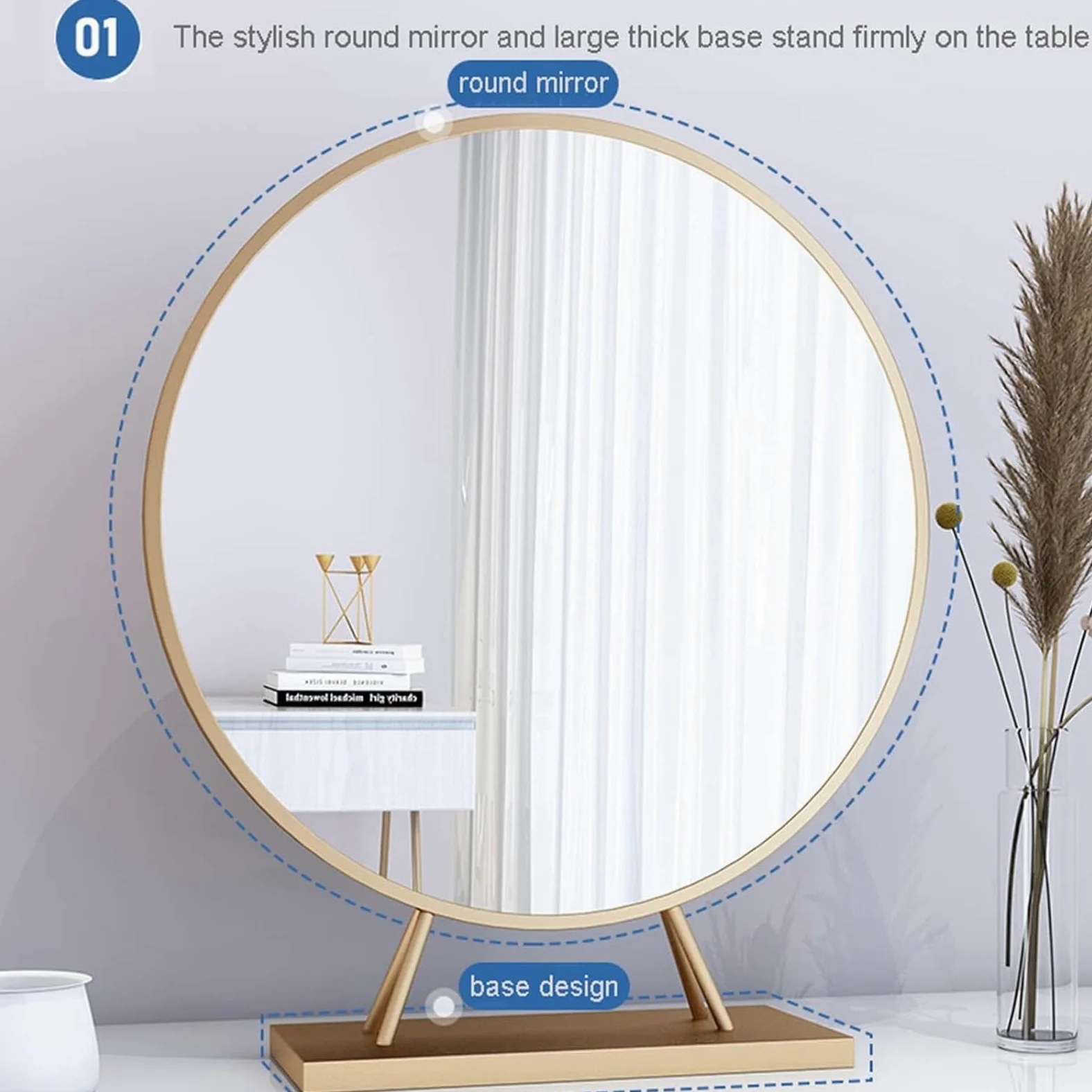 Okrągłe lusterko do makijażu ze stojakiem, dekoracyjne lustro łazienkowe z metalową ramą, złote 40 cm, stylowe lusterko kosmetyczne do toaletki, dekoracja domu i do użytku kosmetycznego