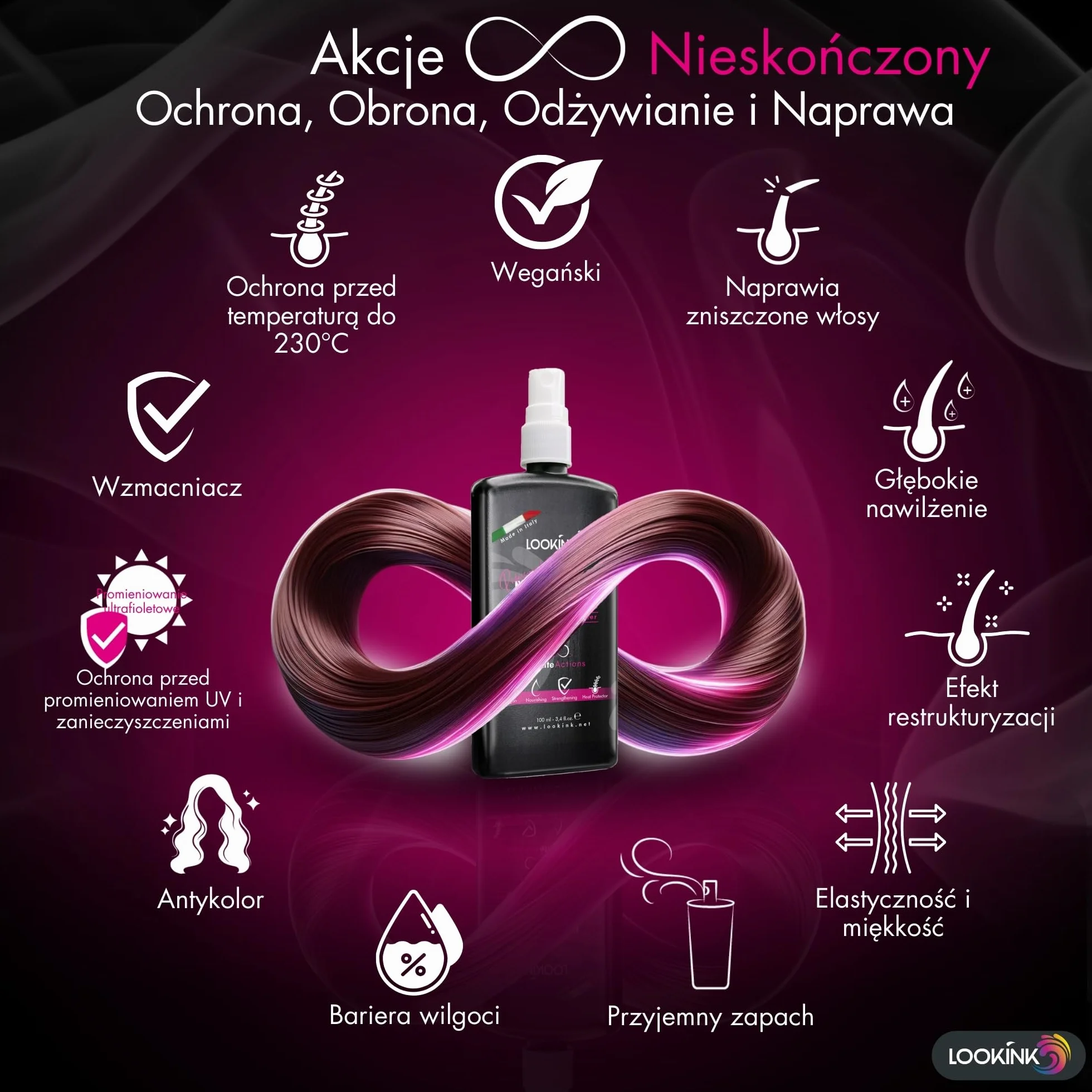 Ochrona włosów w pozostawianiu 100 ml - profesjonalna ochrona przed przegrzaniem włosów - ochrona przed ciepłem w temperaturze 230°C i UV, przeciw puszeniu, przeciw zapachom i wilgocią, nawilża,