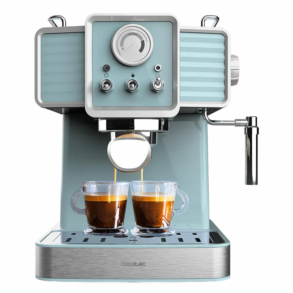 Cecotec 01628 Ekspres do kawy Express Power Espresso 20 Tradizionale Light Blue. 1350 W, Espresso i Cappucicno, 20 barów i Thermoblock, Parowiec, Manometr, Wzór Vintage, Pojemność 1,5 litra