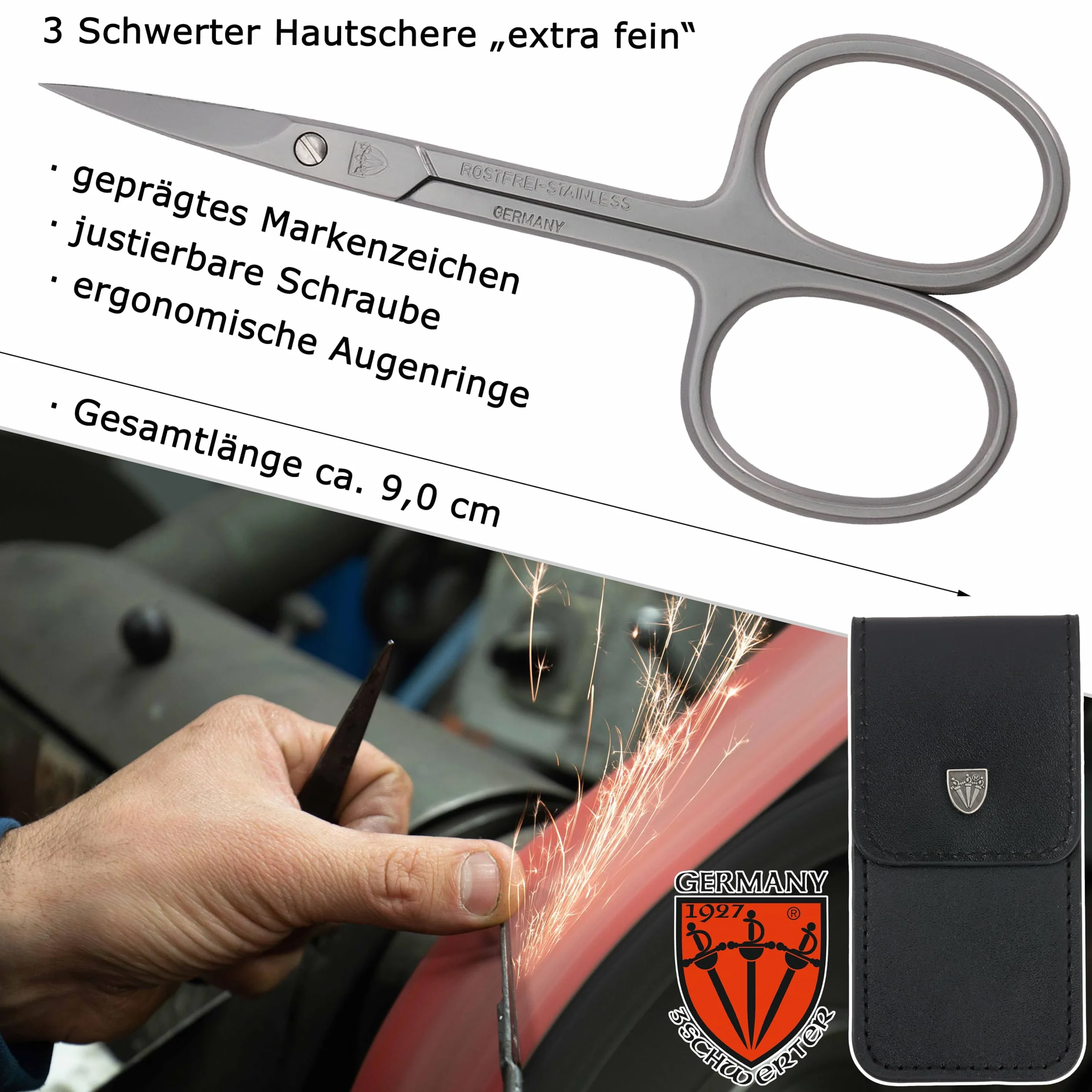 DREI SCHWERTER Nożyczki do skóry wygięte nierdzewne Made in Germany z etui