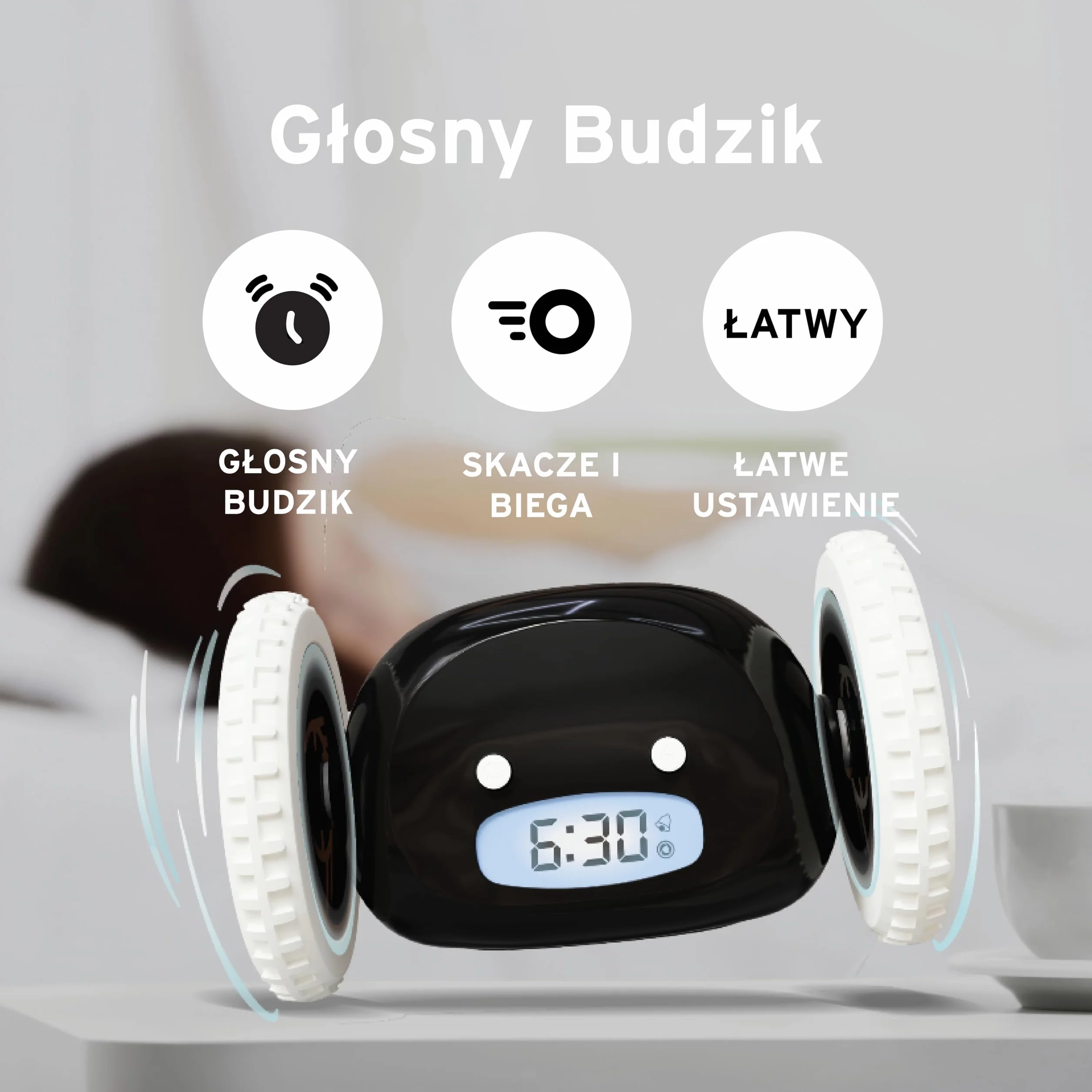 CLOCKY Zabawny Budzik Cyfrowy Elektroniczny Podrózny na Kołach Budzik Głośny dla osób nieslyszacych dziewczynki niedoslyszacych śpiących gluchych śmierci Doroslych Starszych Dcziezi Porusza (Czarny)