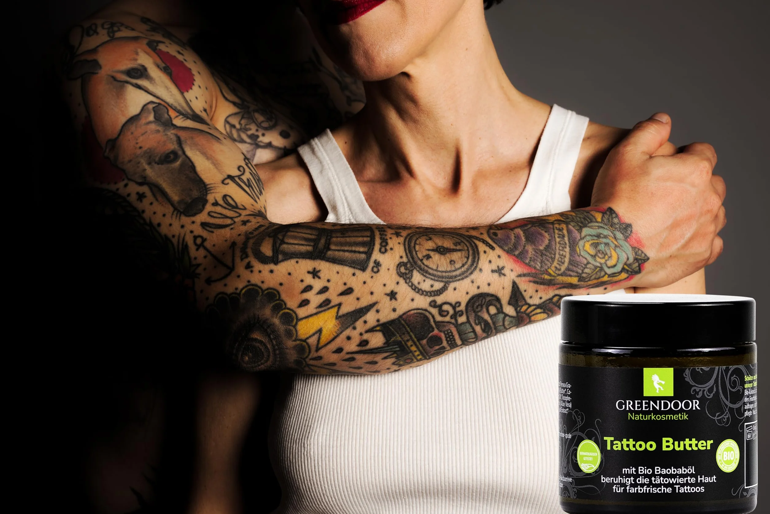 GREENDOOR Masło do tatuażu 120 ml do tatuaży w świeżych kolorach, naturalna wegańska pielęgnacja tatuażu bez perfum, profesjonalna pielęgnacja skóry wytatuowanej – bezpośrednio od producenta