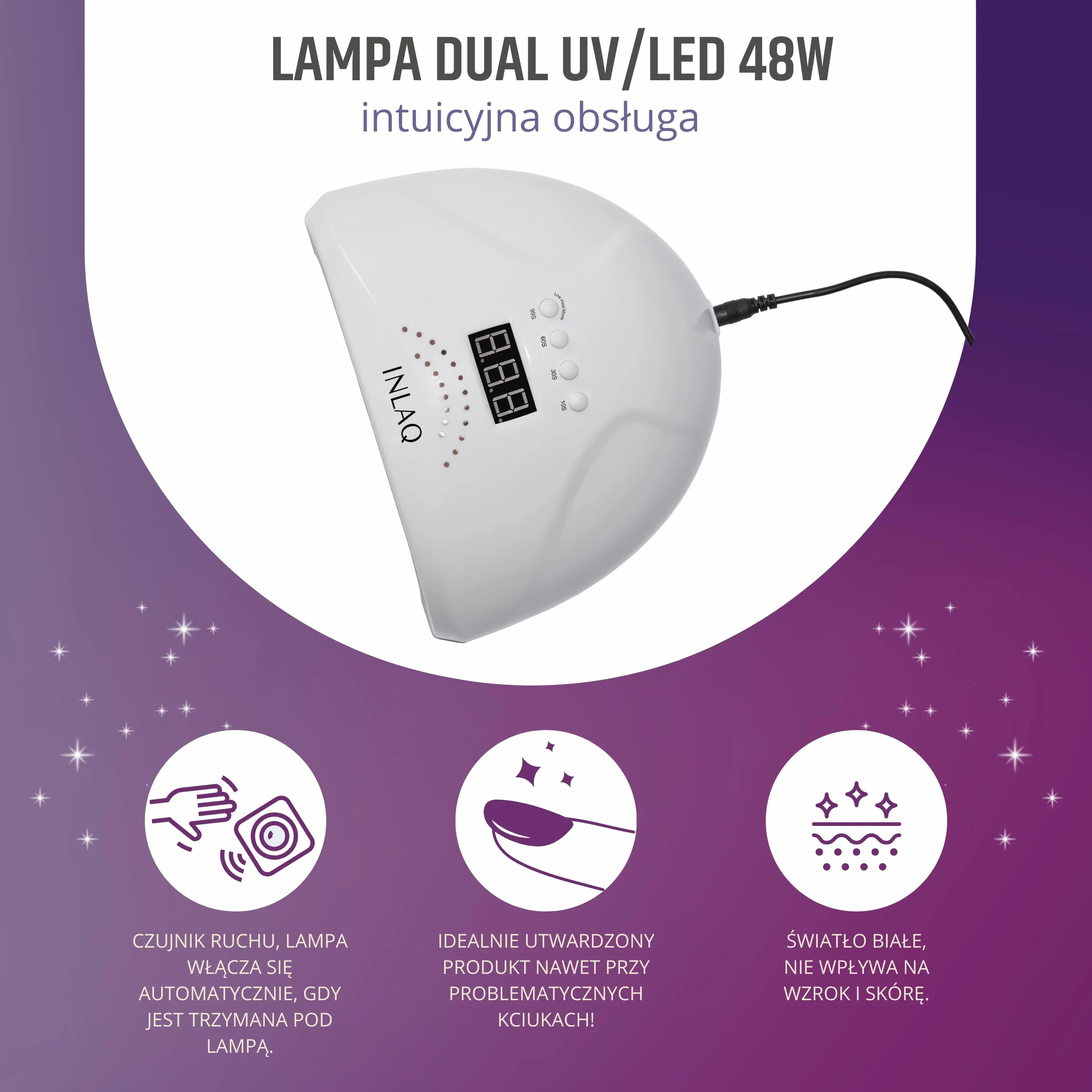 INLAQ lampa Dual UV/LED do paznokci hybrydowych 48 W biała wyświetlacz LCD trzy tryby