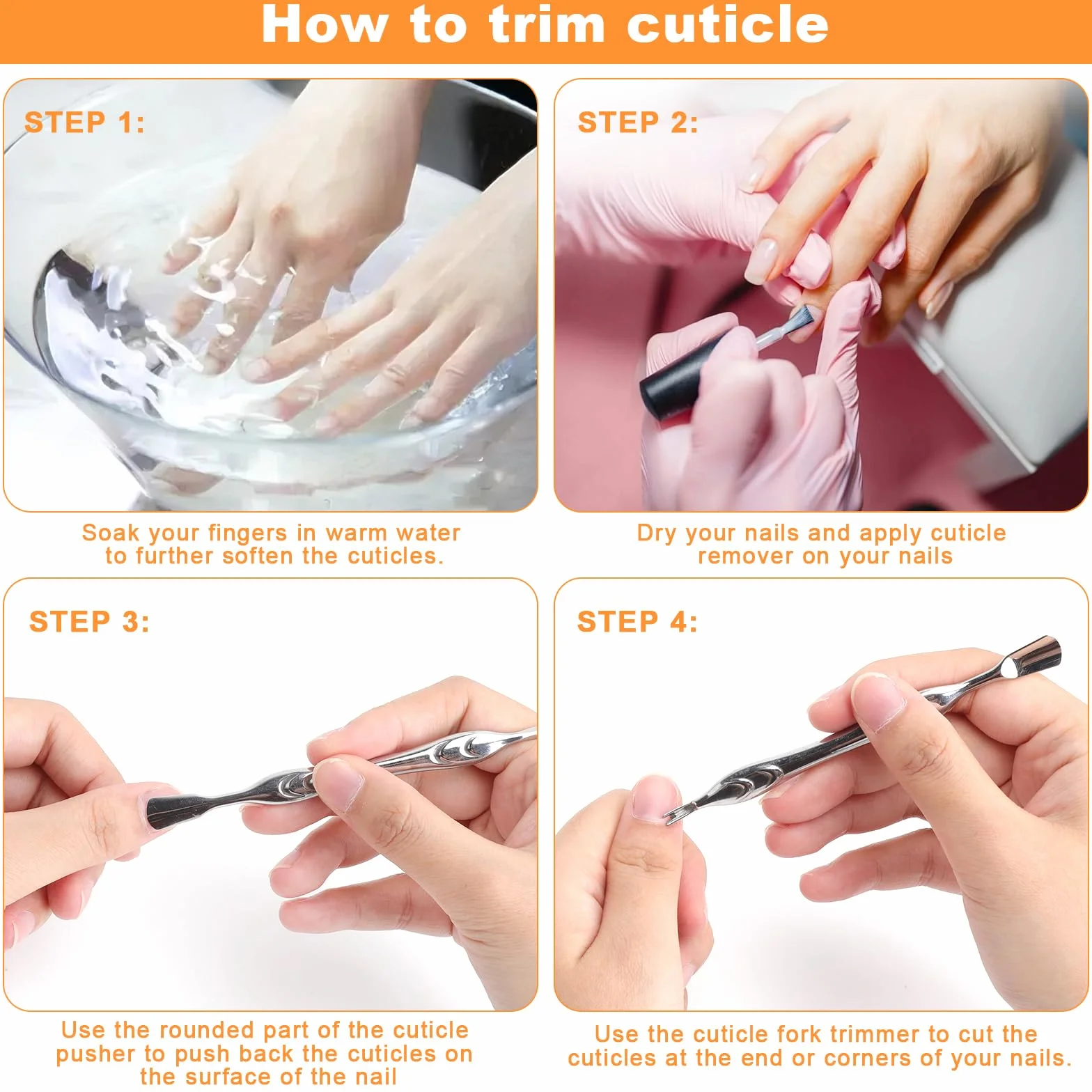 Profesjonalny 2-w-1 ściągacz do skórek i trymer, narzędzie do manicure ze stali nierdzewnej z widelcem, do manicure i pedicure, srebrny