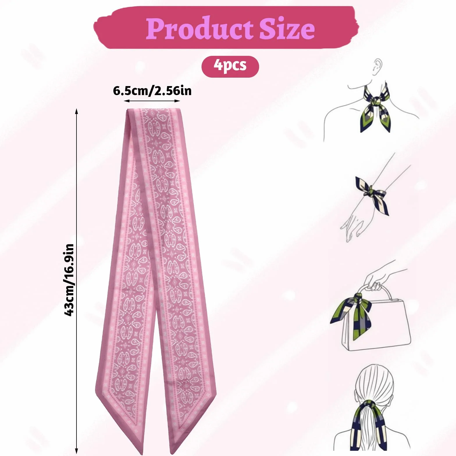 Larrel 4 chusty na głowę dla kobiet, 43 x 6,5 cm, eleganckie lekkie jedwabiste, w stylu boho, miękka chusta na szyję, szalik, torebki, akcesoria do włosów, chusty na szyję, ozdoba do włosów