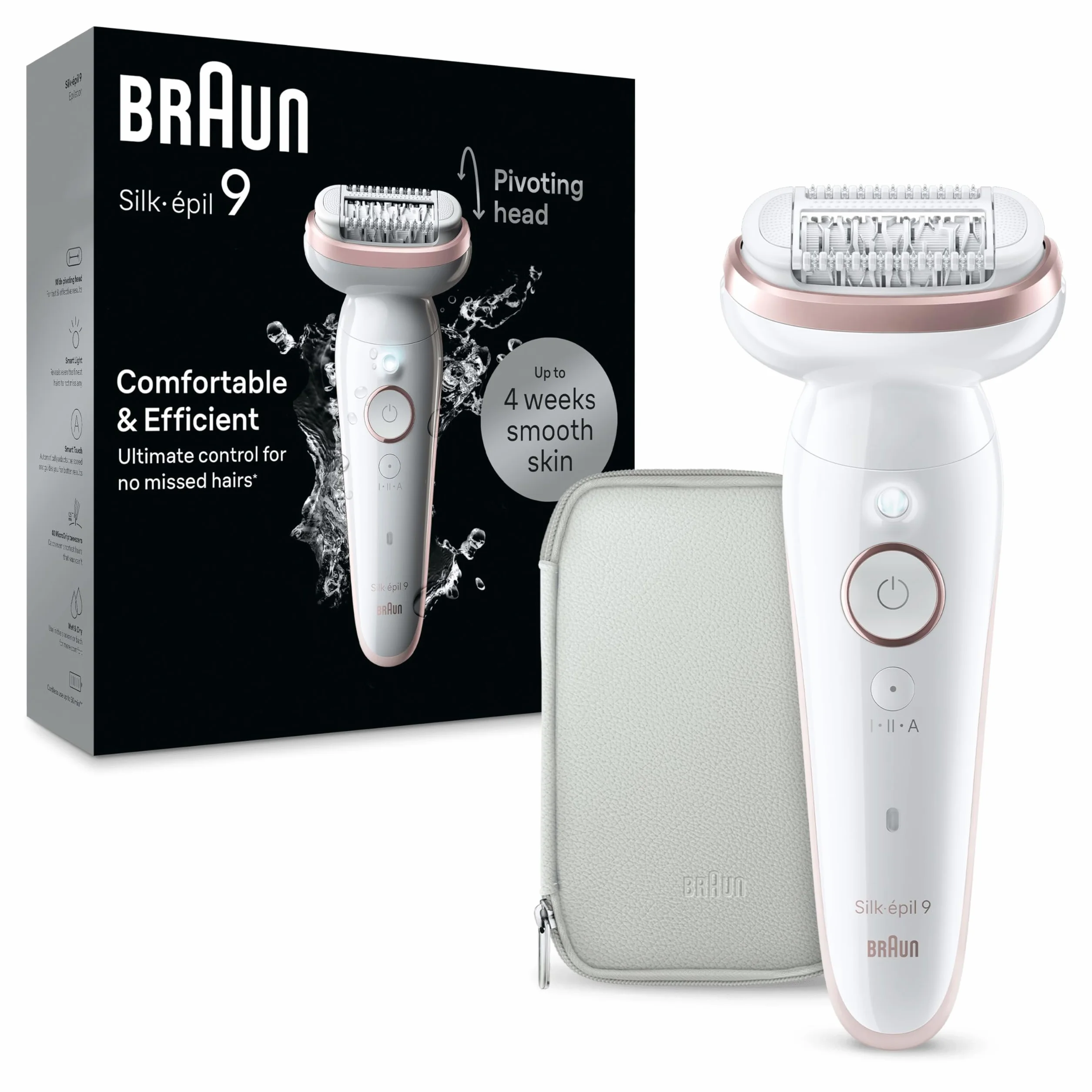 Braun Silk-épil 9 9-000 Depilator z ruchomą głowicą ułatwiającą usuwanie włosów, depilacja na mokro i sucho, gładka skóra przez długi czas, Biały/Flamingo