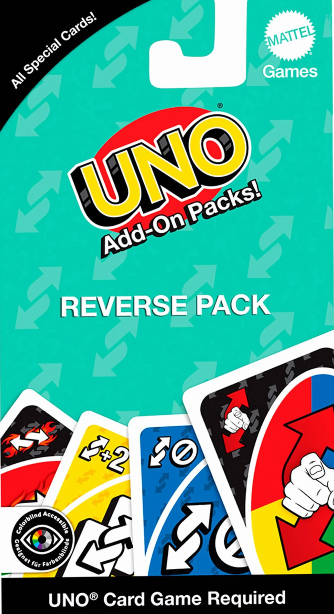 Mattel Gry UNO Add-On Reverse Pack dla dzieci i dorosłych na rodzinny wieczór gier, użyj jako gra podróżnicza lub angażujący prezent dla dzieci, od 2 do 10 graczy, w wieku od 7 lat i więcej, JCV56