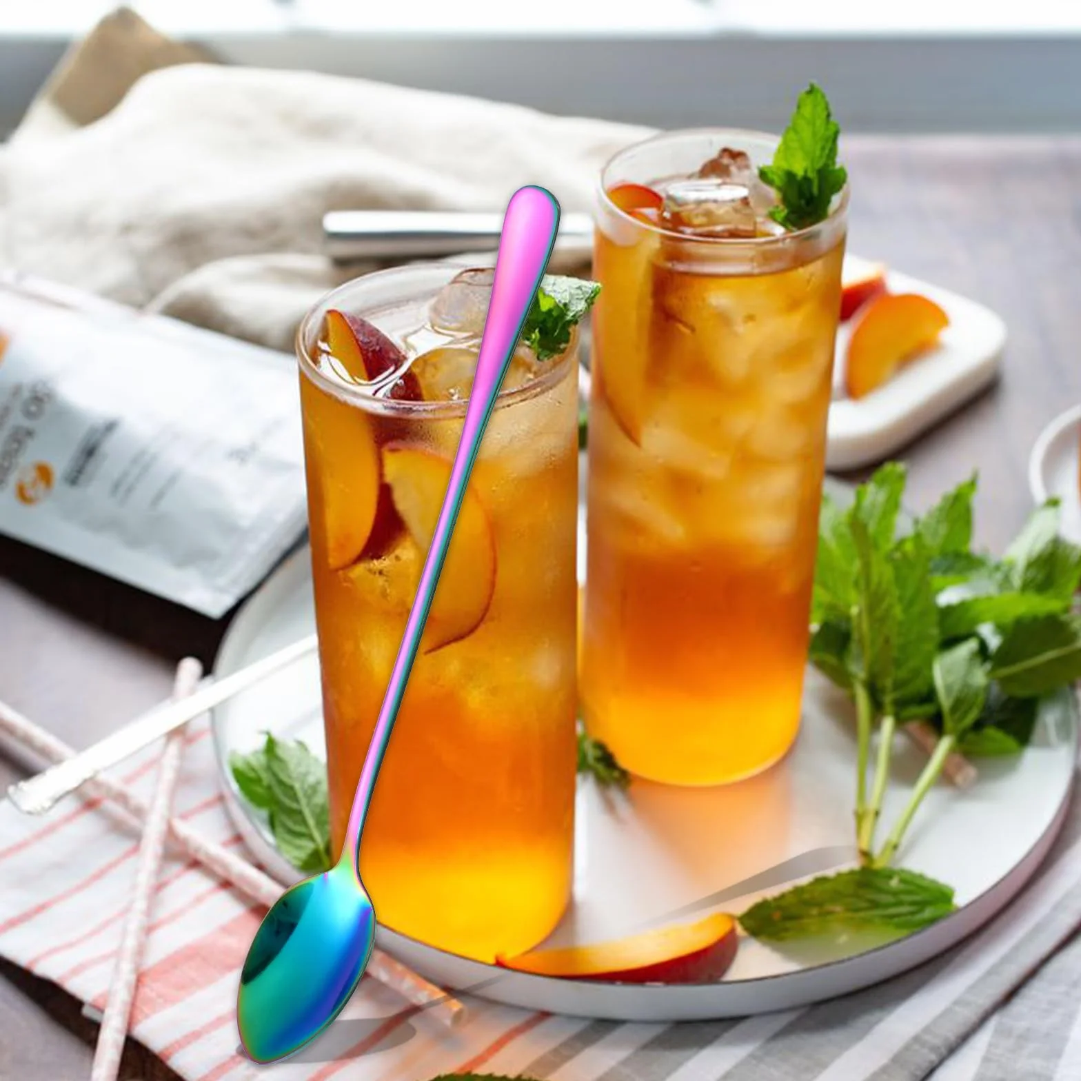 4 długie łyżki do lodów ze stali nierdzewnej, Sundae Spoons, wytrzymałe i trwałe, zestaw łyżek do latte macchiato do koktajli, deserów, macchiato, Sundae, 19,5 cm, kolorowe łyżki do