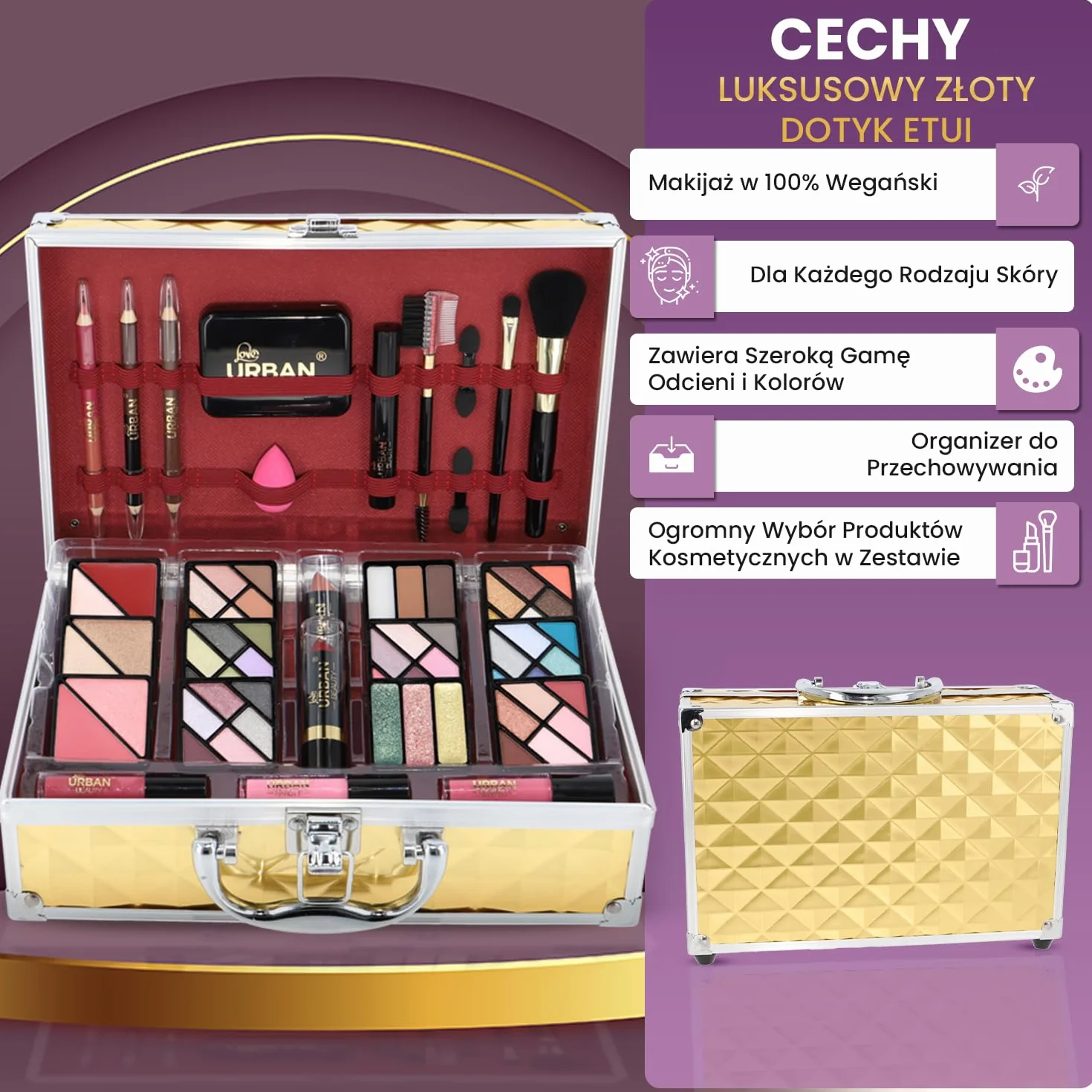 Wegański Makijaż Pudełko na Kosmetyki Love Urban Beauty Luxe Gold Touch Zestaw Upominkowy Podróżny 73 szt