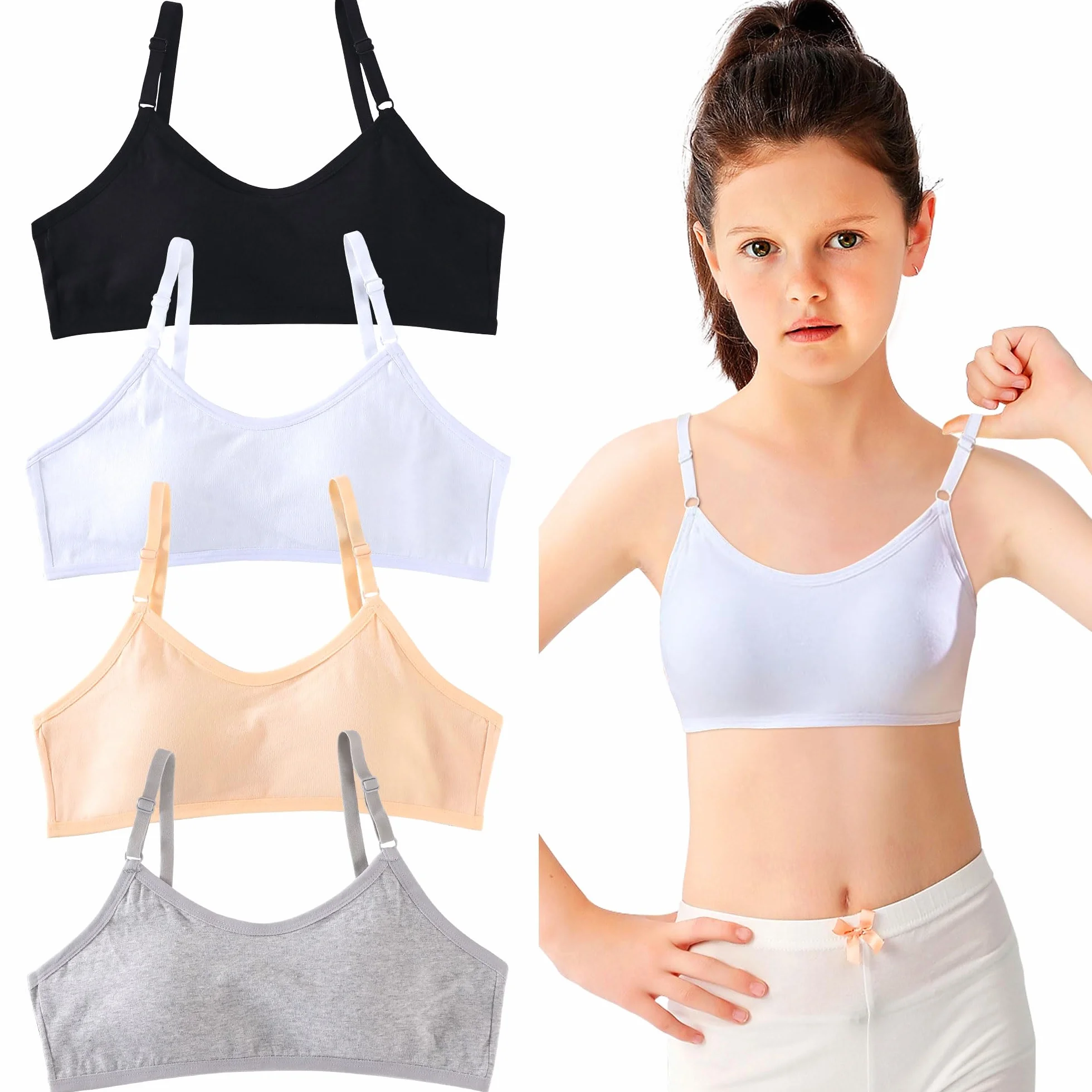 Bustier Meisjes BHS Katoenen 4-pak Top Ondergoed met Stevige Gevoerde Sport Braletka regulowana opaska na ramię Zonder Beugel zestaw biustonosz dla 10-16 lat, Veelkleurig