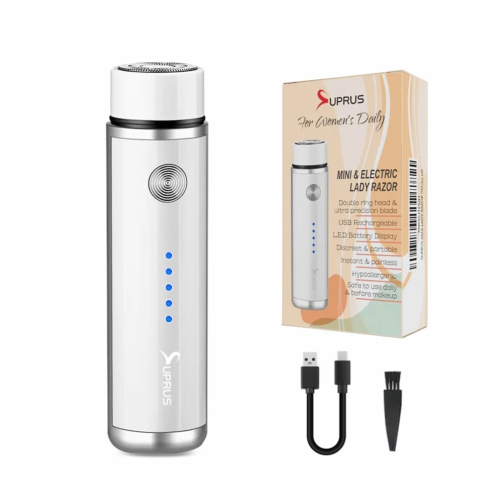SUPRUS Damska golarka elektryczna z możliwością ponownego ładowania przez USB, do twarzy, brody, wąsów, nóg, pach, bikini, LED, wskaźnik baterii, bezprzewodowy (biały)