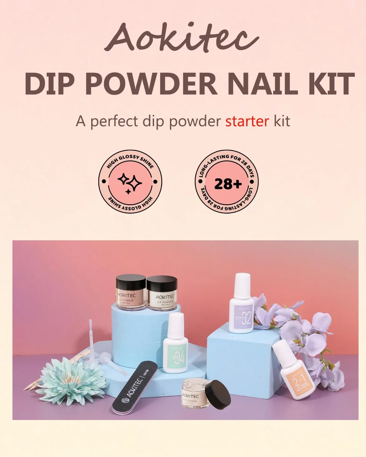 Aokitec 12 sztuk Dipping Powder Nail Set Starter Kit, 3 kolory Nude Pink Dip Powder z płynami, akrylowy zestaw do paznokci