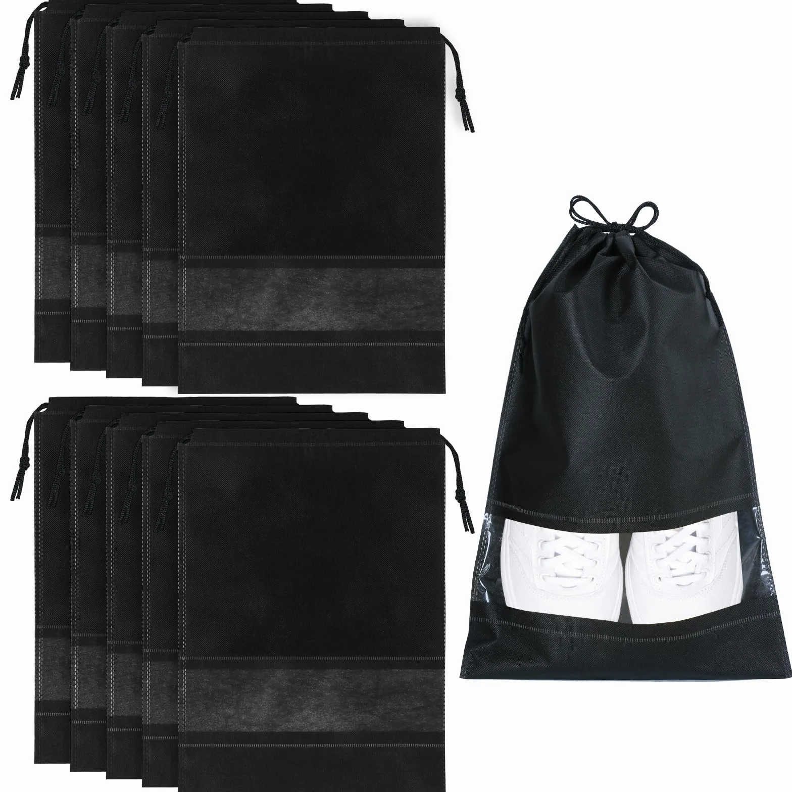 10 Sztuk Toreb Podróżnych na Buty - Wodoodporny Organizer Do Przechowywania Ze Sznurkiem i Przezroczystym Otworem, Worków na buty Dla Butów Męskich i Damskich, Trampek, Mokasynów