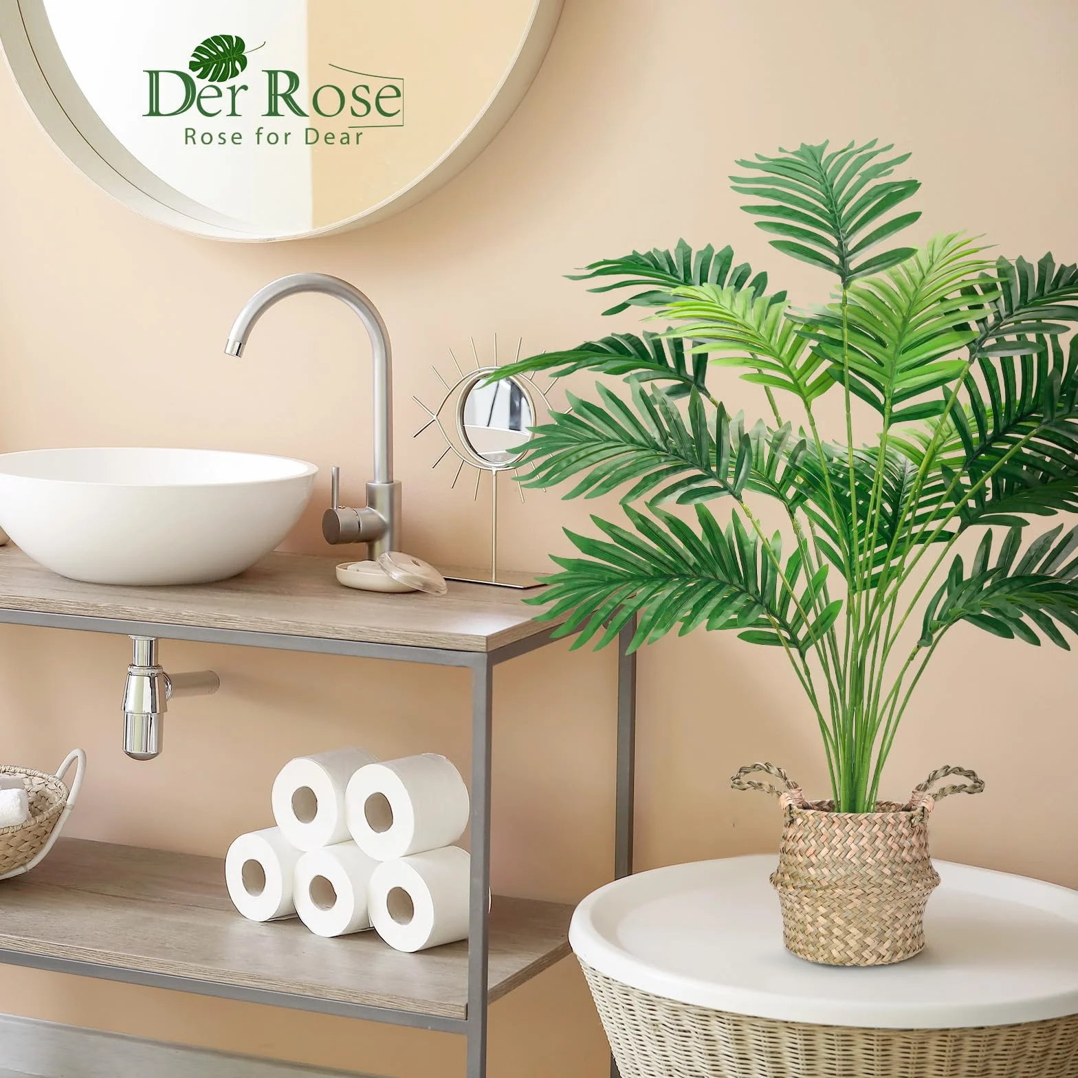 Der Rose Sztuczna palma, 71 cm wysokości, sztuczna roślina, doniczkowa, sztuczna Areca, drzewo z ręcznie tkanymi koszami z uchwytami, do wnętrz, na zewnątrz, do domu, biura, sypialni, werandy, balkonu