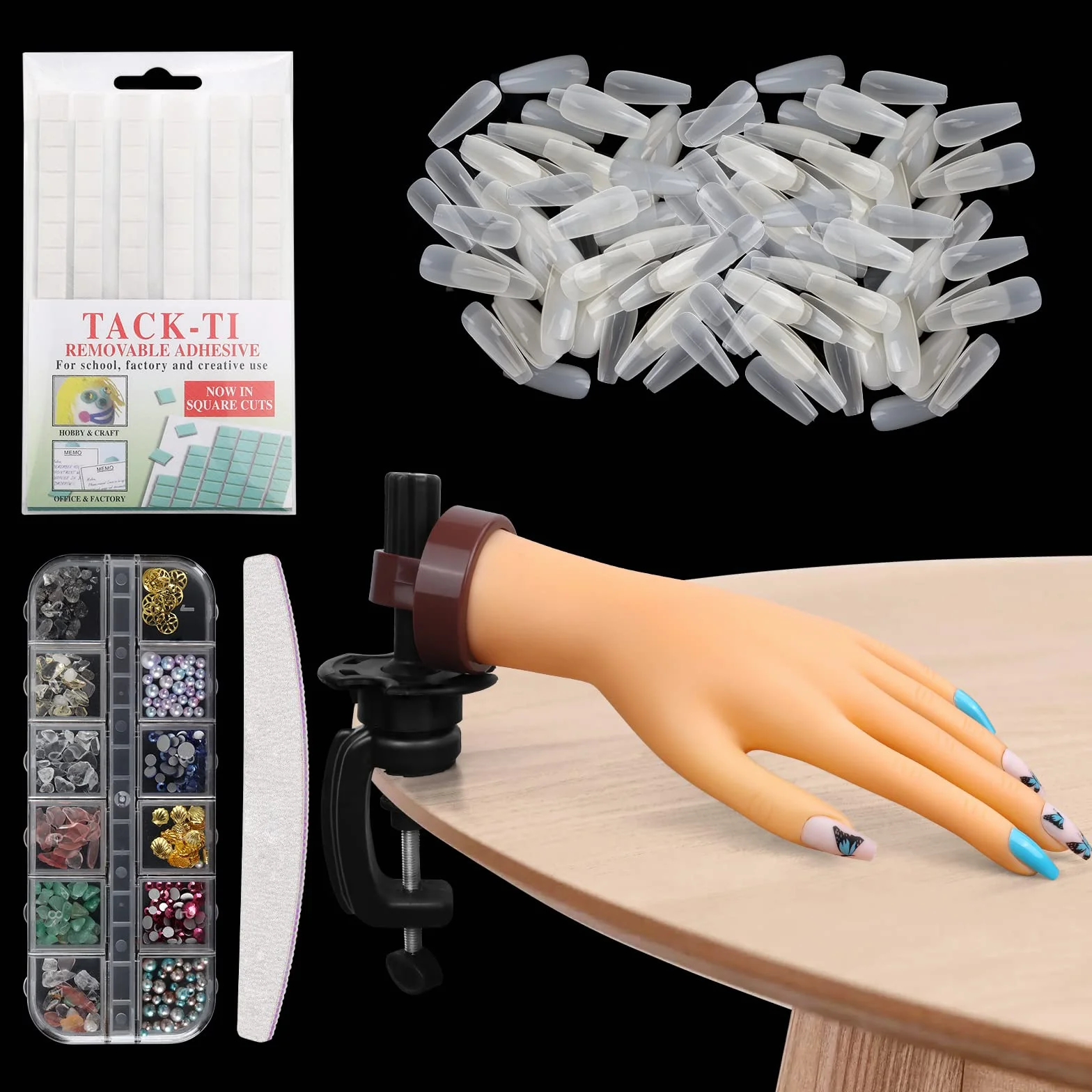 LIONVISON Ręka ćwiczeniowa do paznokci akrylowych, profesjonalne narzędzia do sztuki paznokci z 200 sztuk sztucznych paznokci, ręka ćwiczeniowa do DIY manicure