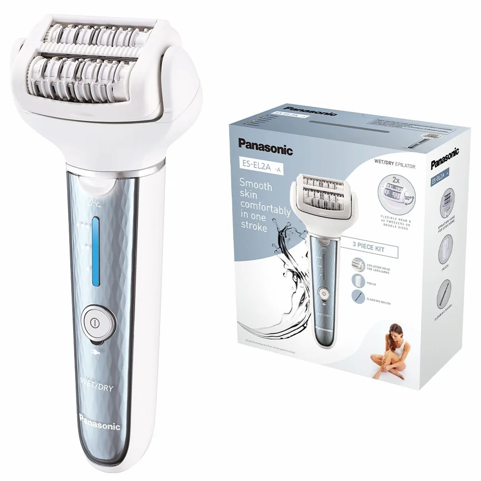 Panasonic ES-EL2A depilator z 2 dyskami (szersza, ruchoma głowica, 60 pęset, 3 prędkości, na mokro i sucho, pokrowiec w zestawie), biało-niebieski