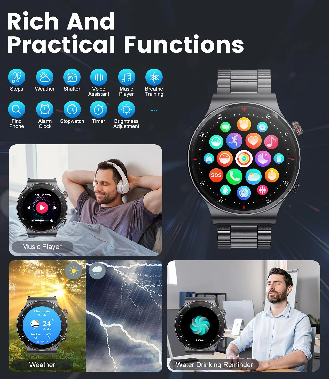 LIGE męski inteligentny zegarek z połączeniem Bluetooth, 1,39" ekran Amoled Smart Watch z 24/7, tętno, SpO2, monitor snu dla Androida iOS, 110+ Sportmodi, wodoodporny IP68, 200+ tarcza